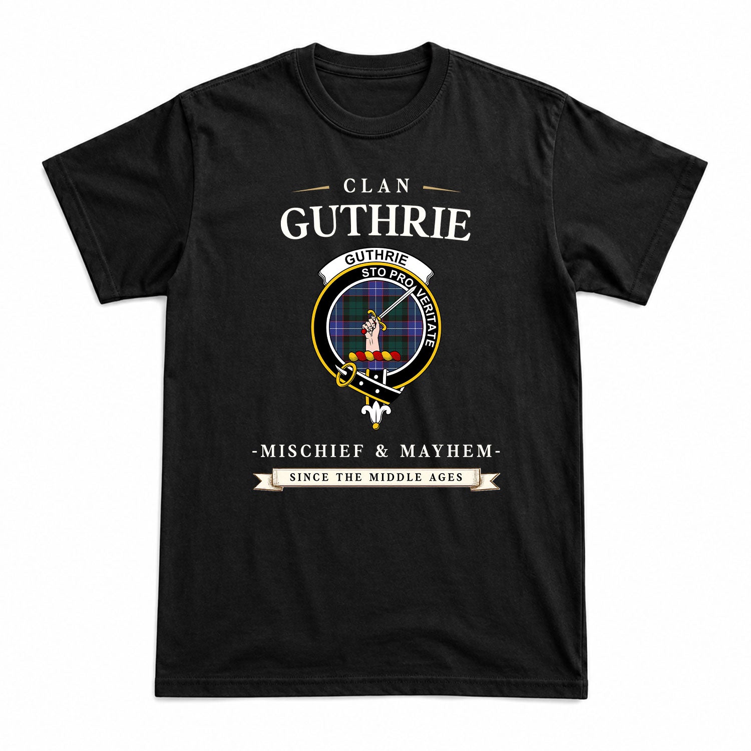 Guthrie Modern Tartan Crest Mischief and Mayhem T-shirt