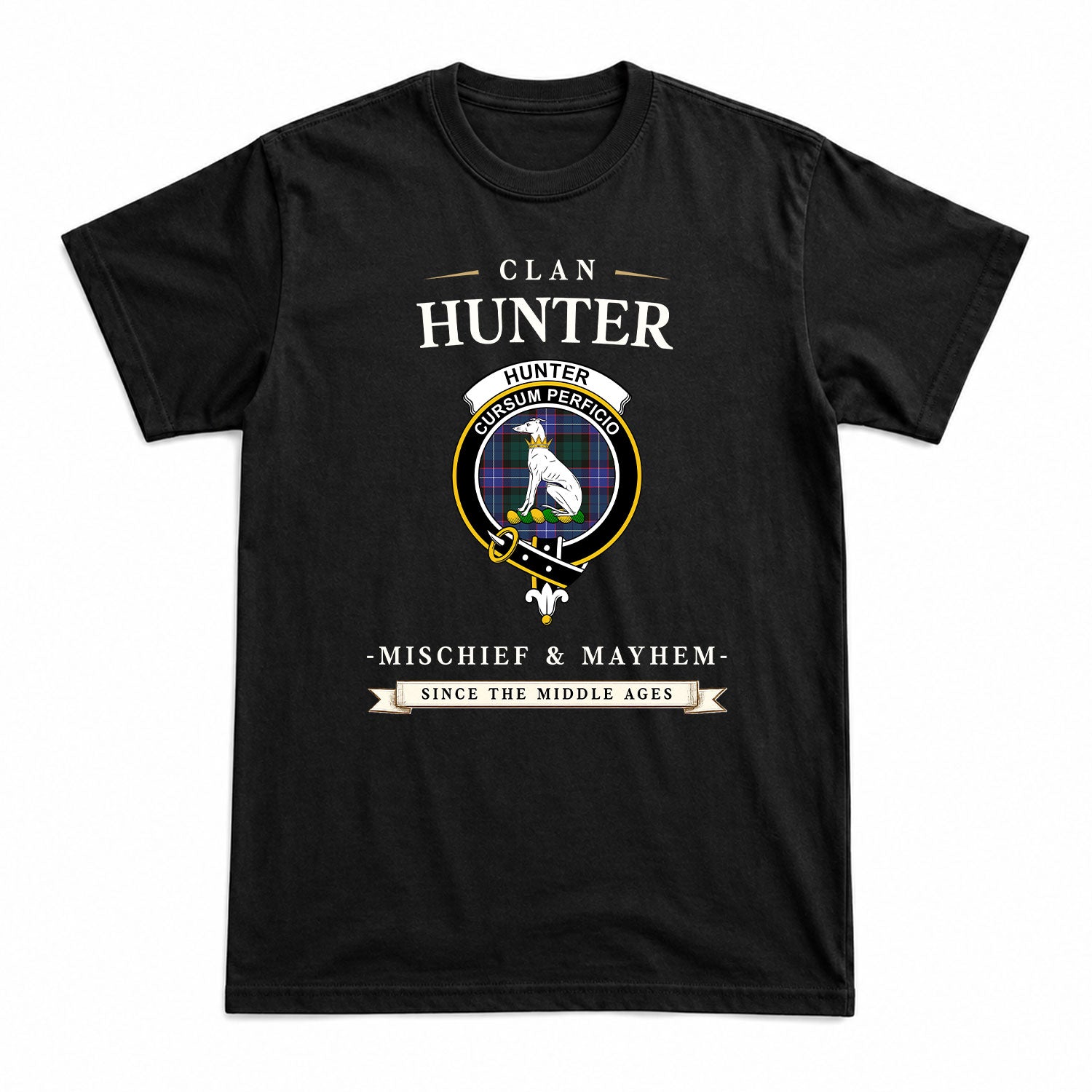 Hunter Modern Tartan Crest Mischief and Mayhem T-shirt