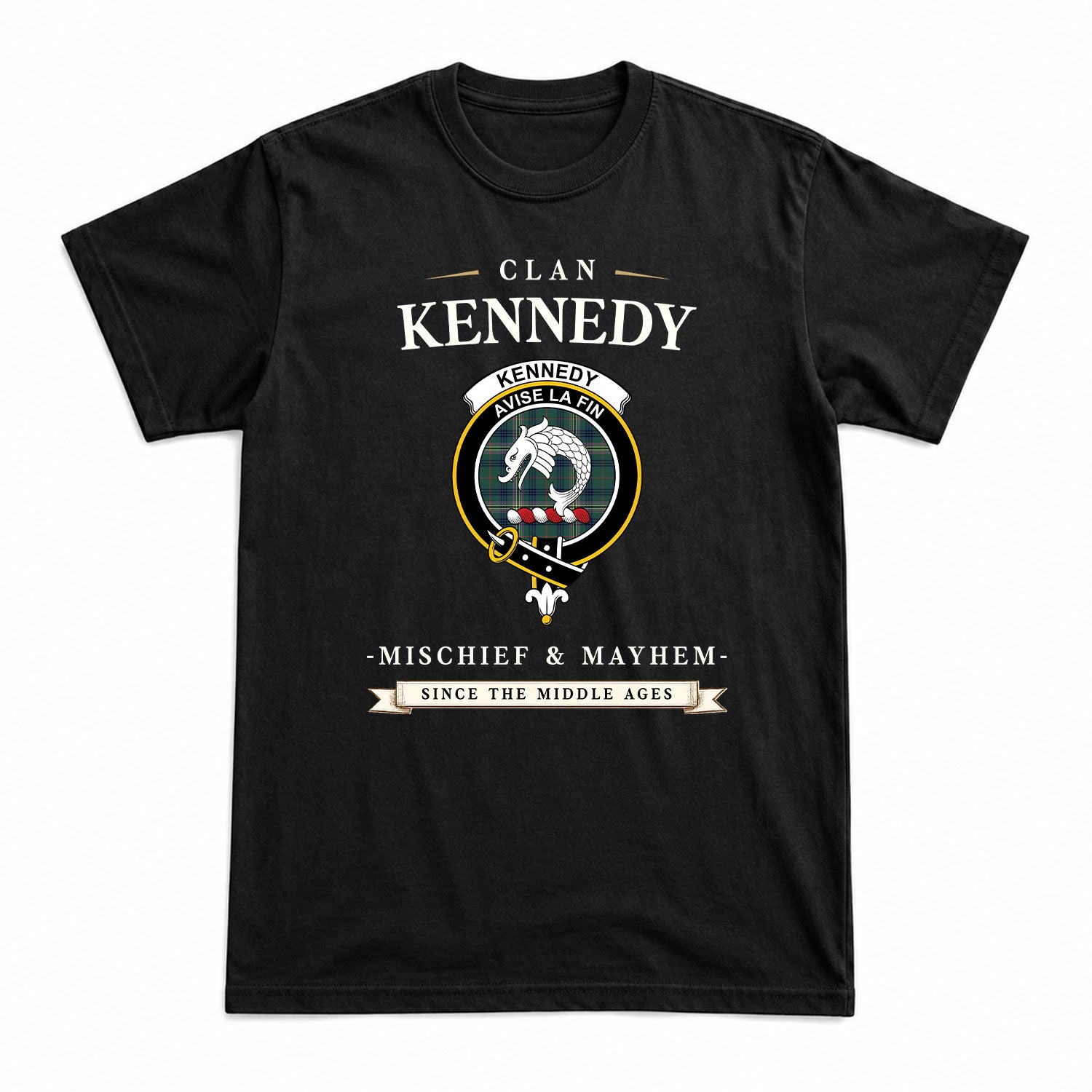 Kennedy Modern Tartan Crest Mischief and Mayhem T-shirt