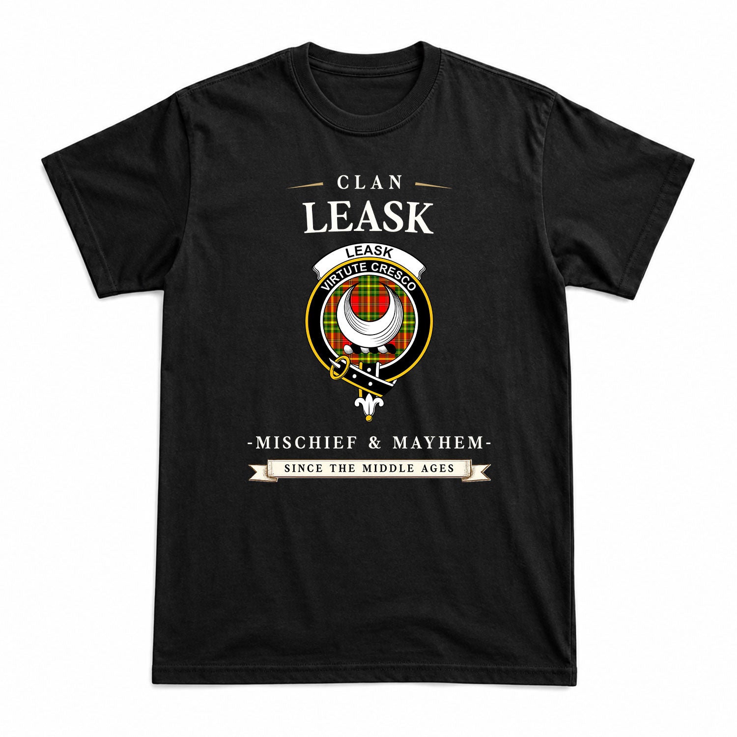 Leask Tartan Crest Mischief and Mayhem T-shirt