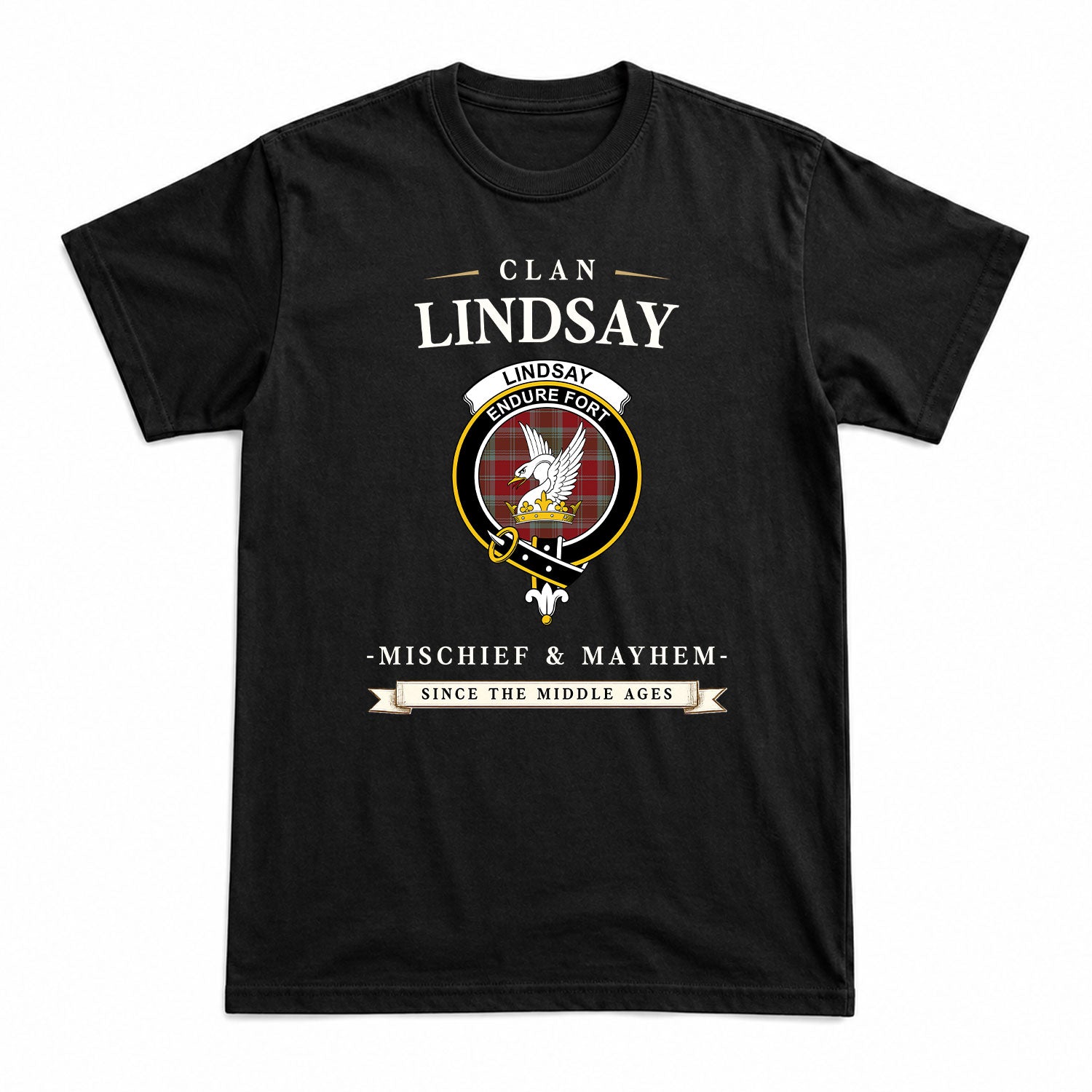 Lindsay Weathered Tartan Crest Mischief and Mayhem T-shirt