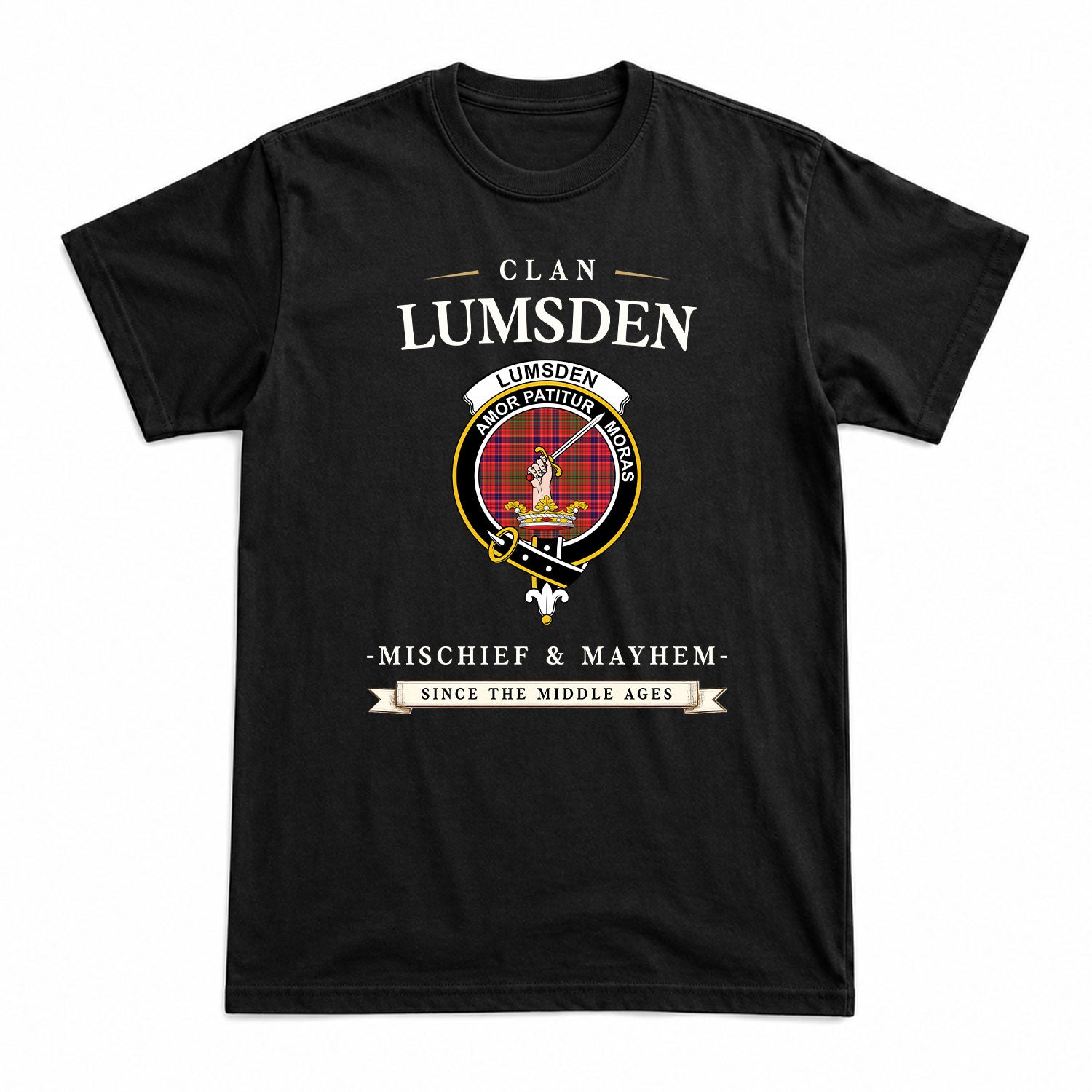Lumsden Modern Tartan Crest Mischief and Mayhem T-shirt