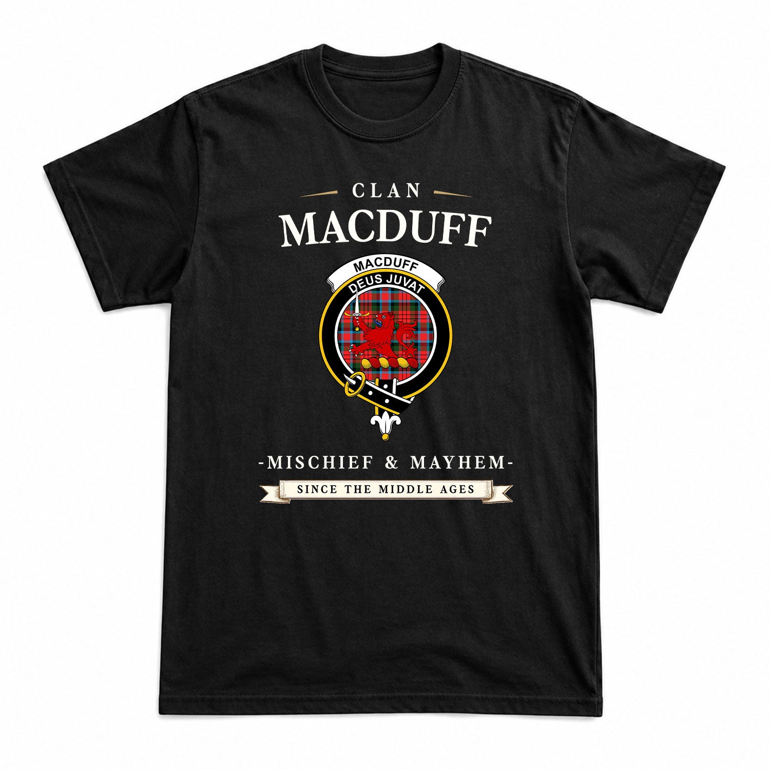 MacDuff Modern Tartan Crest Mischief and Mayhem T-shirt