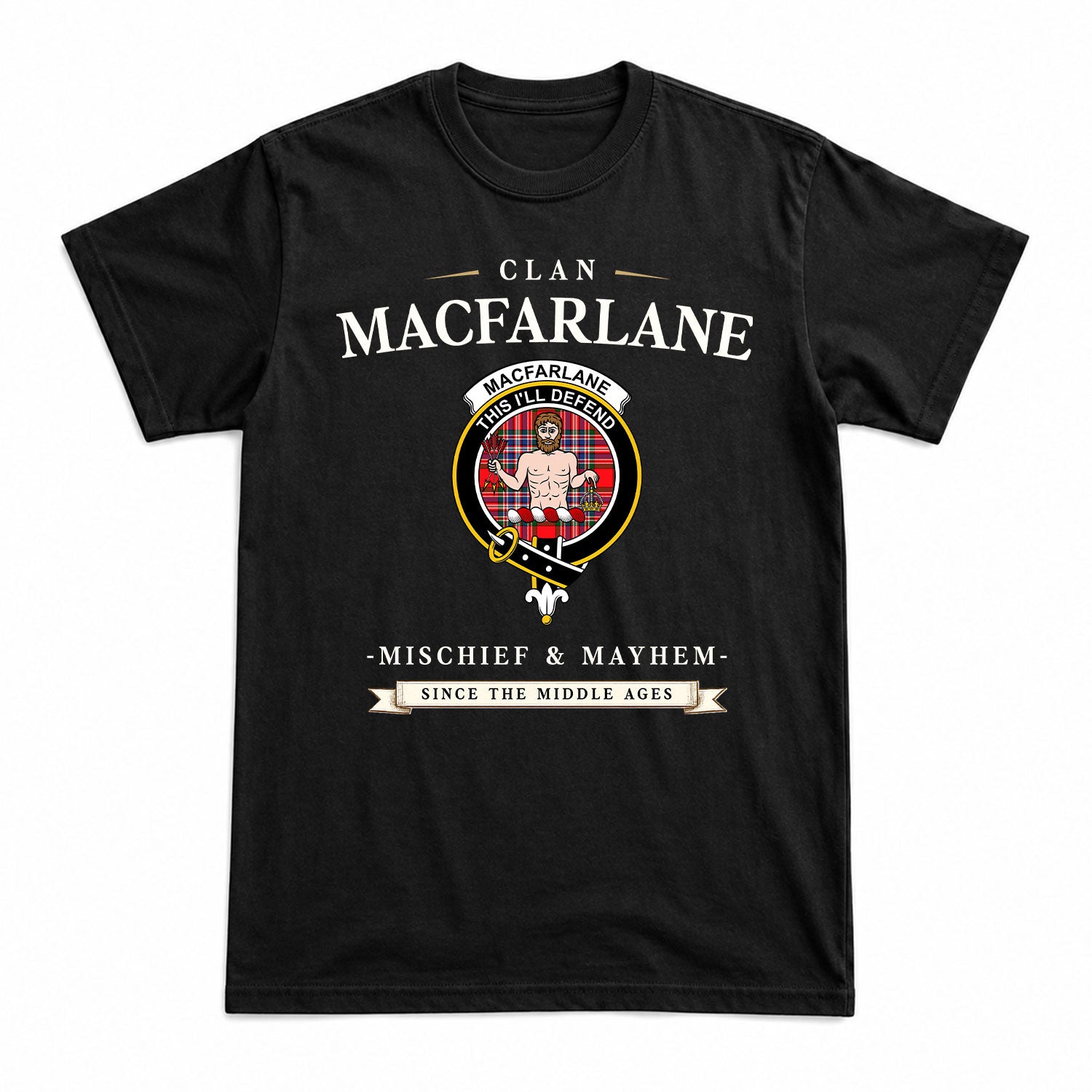 MacFarlane Modern Tartan Crest Mischief and Mayhem T-shirt