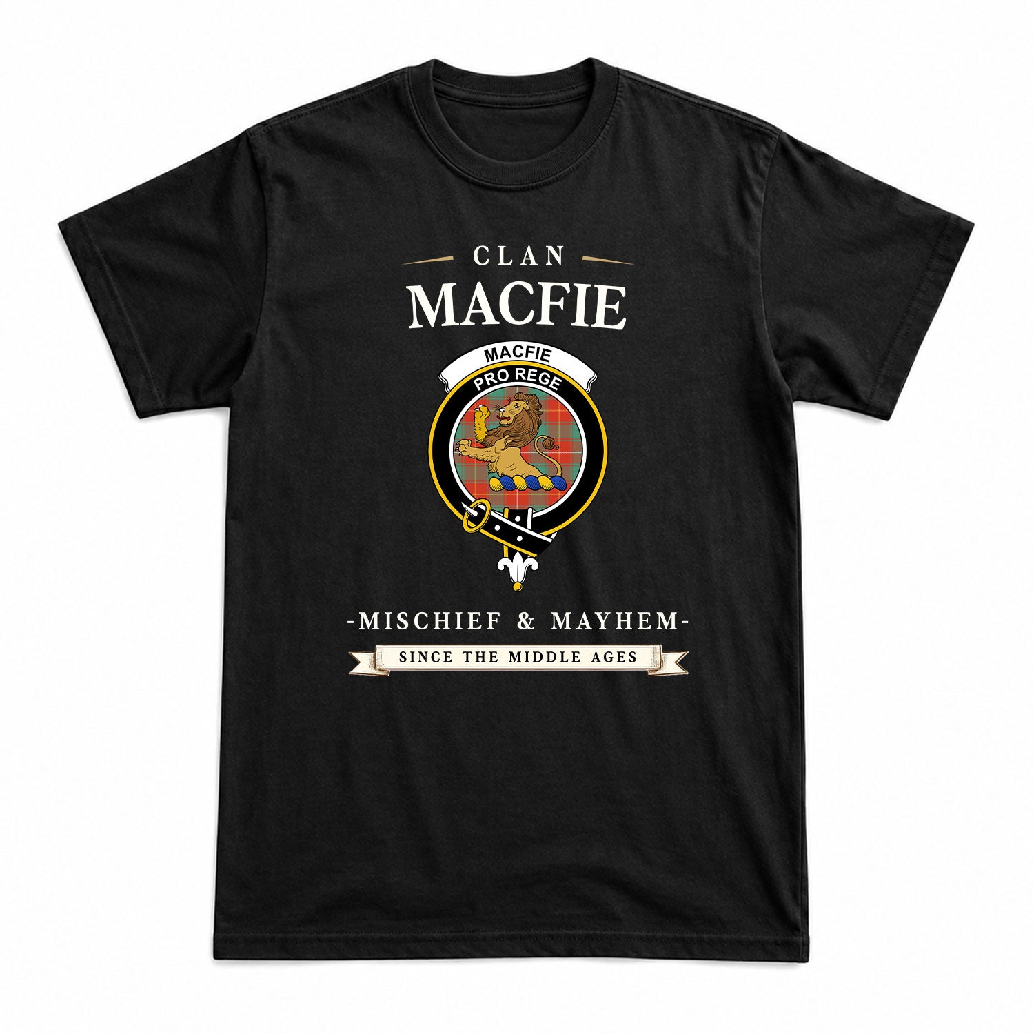 MacFie Ancient Tartan Crest Mischief and Mayhem T-shirt