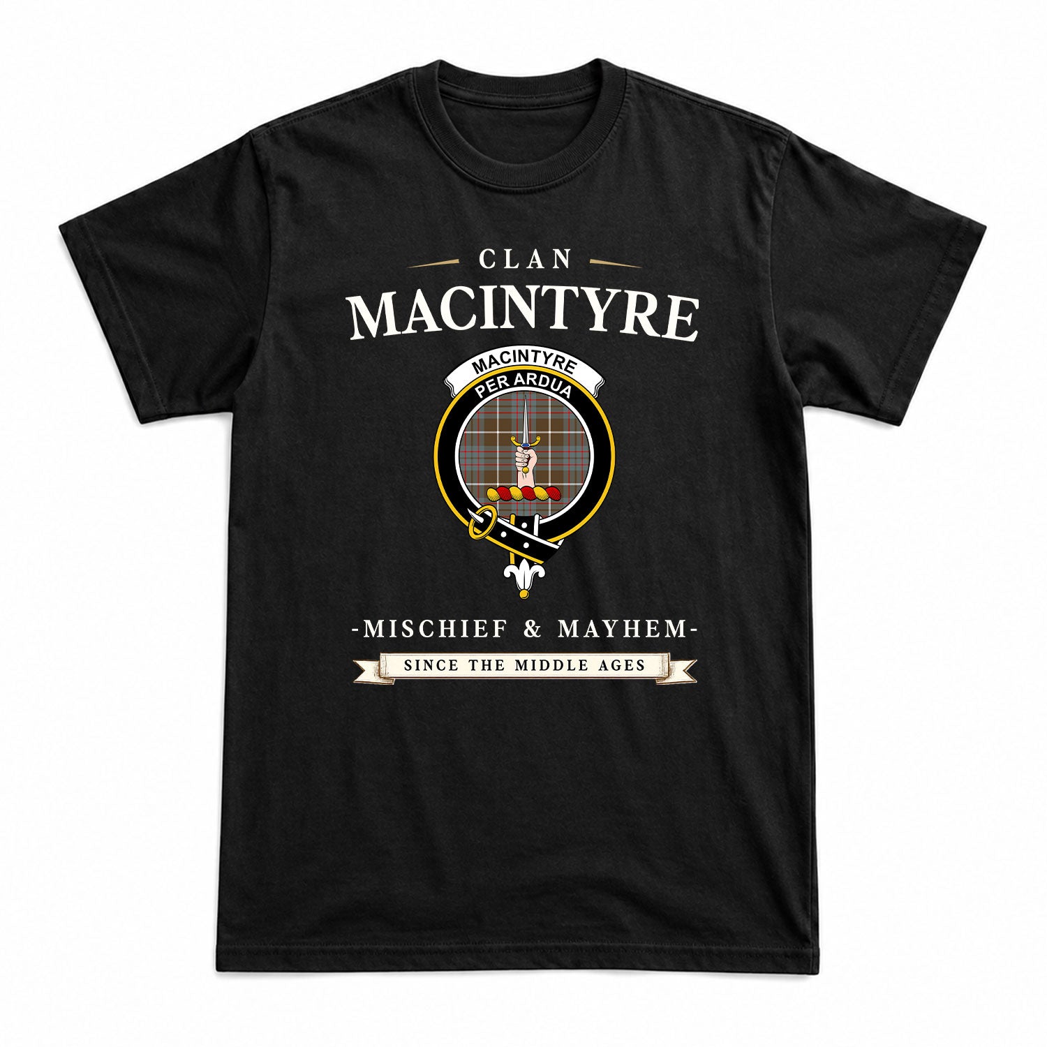 MacIntyre Hunting Weathered Tartan Crest Mischief and Mayhem T-shirt