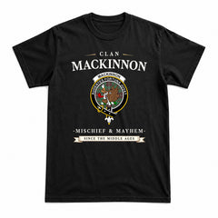 MacKinnon Hunting Ancient Tartan Crest Mischief and Mayhem T-shirt