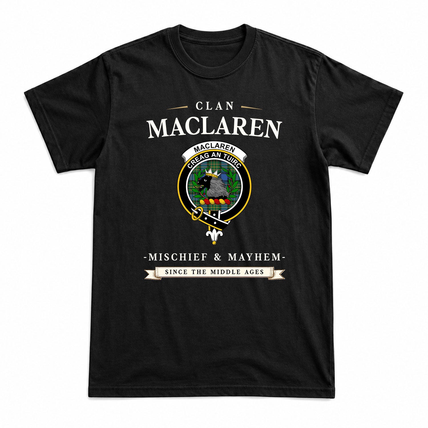 MacLaren Ancient Tartan Crest Mischief and Mayhem T-shirt