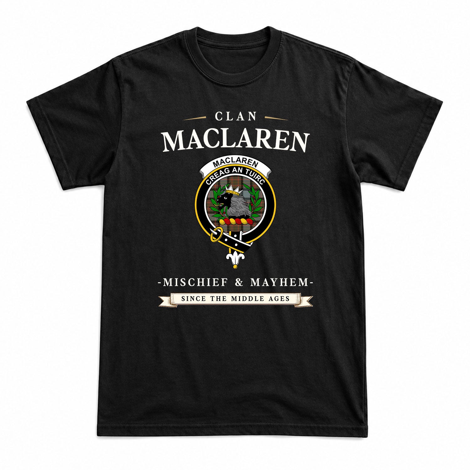 MacLaren Weathered Tartan Crest Mischief and Mayhem T-shirt