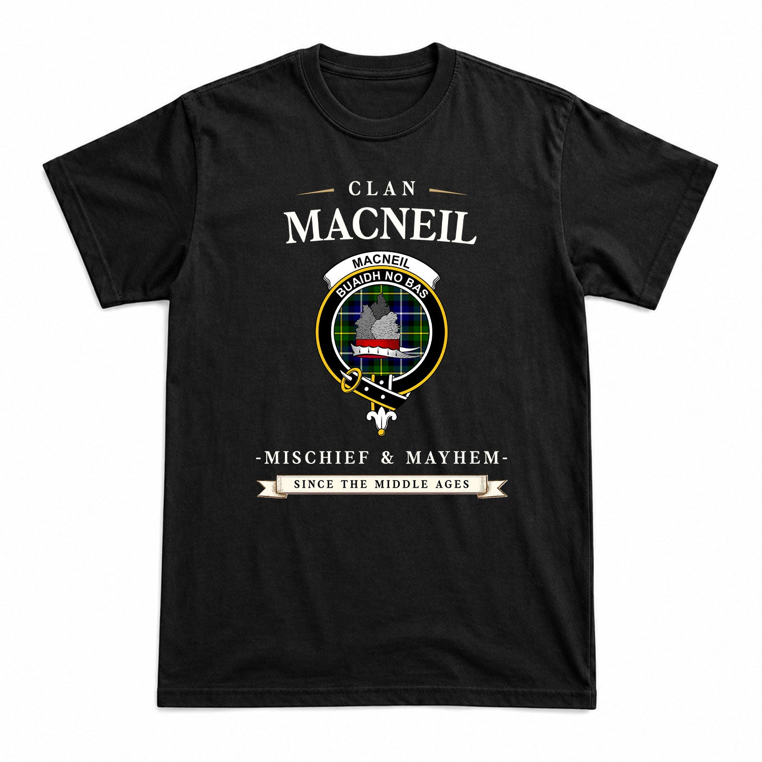 MacNeil of Barra Modern Tartan Crest Mischief and Mayhem T-shirt