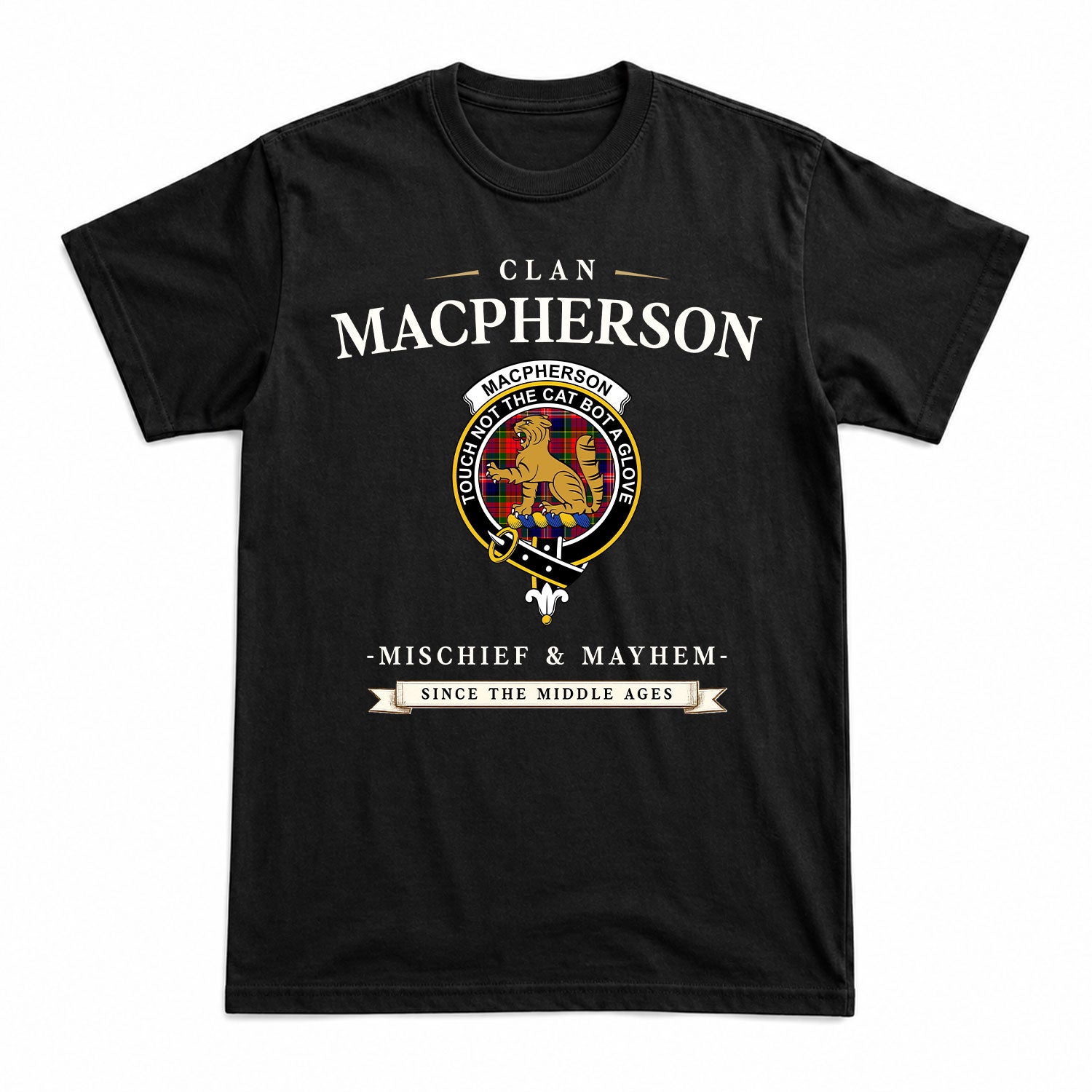 MacPherson Modern Tartan Crest Mischief and Mayhem T-shirt