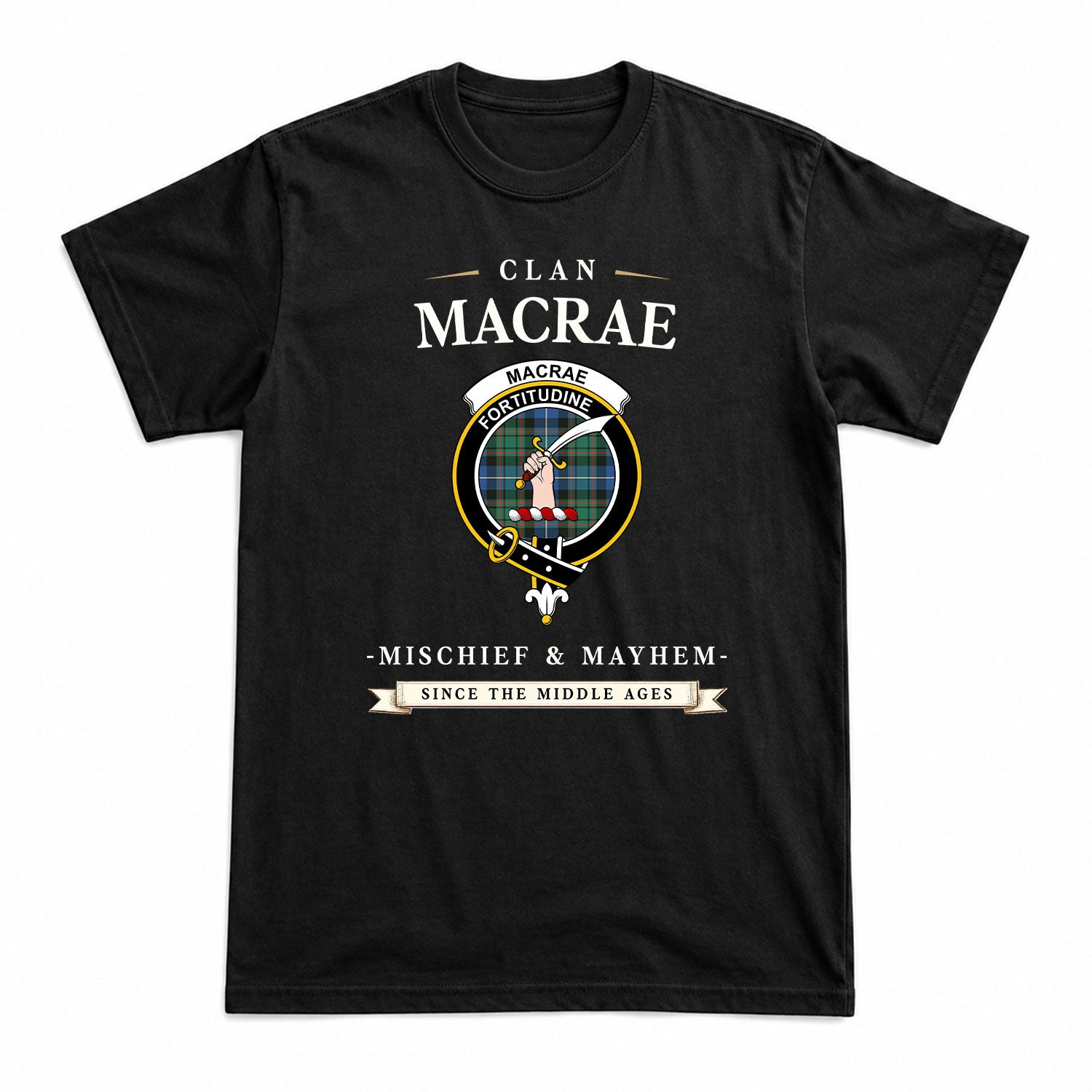 MacRae Hunting Ancient Tartan Crest Mischief and Mayhem T-shirt