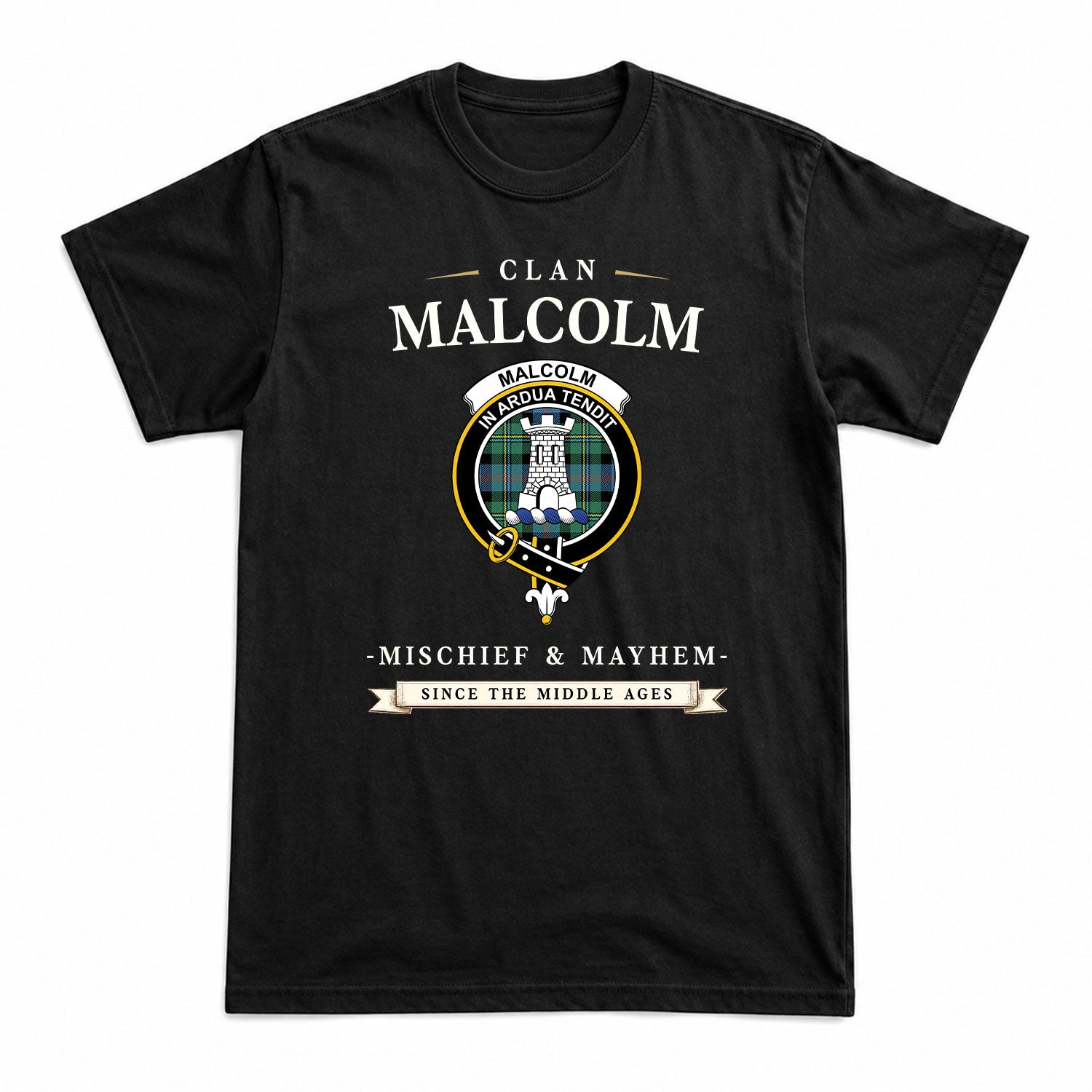 Malcolm Ancient Tartan Crest Mischief and Mayhem T-shirt