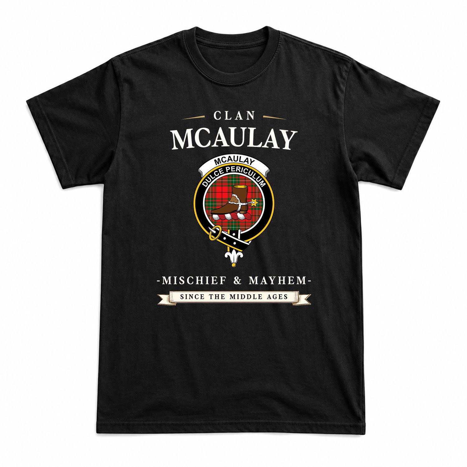 McAulay Modern Tartan Crest Mischief and Mayhem T-shirt