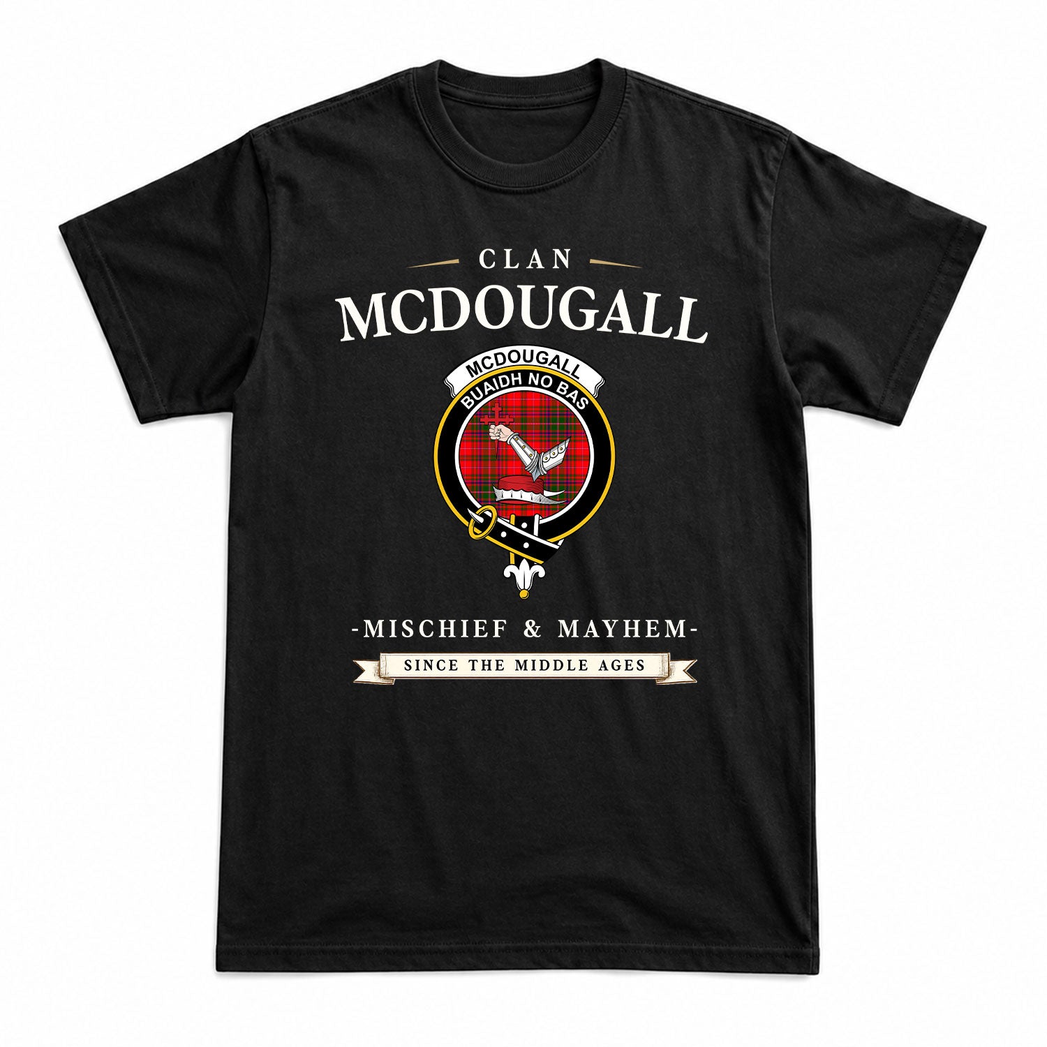 McDougall Modern Tartan Crest Mischief and Mayhem T-shirt