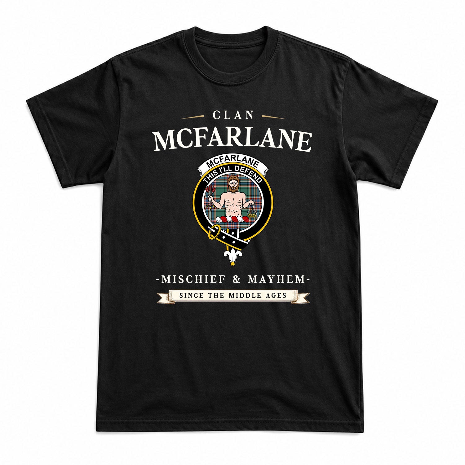McFarlane Hunting Ancient Tartan Crest Mischief and Mayhem T-shirt