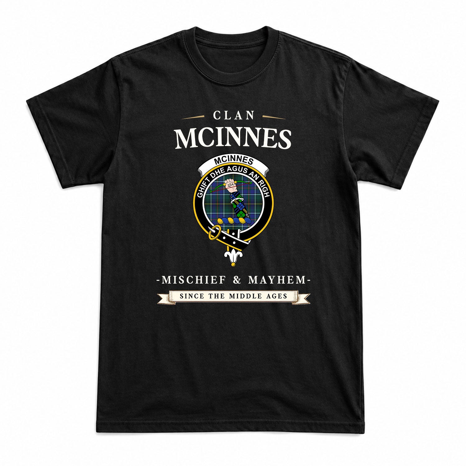 McInnes Modern Tartan Crest Mischief and Mayhem T-shirt