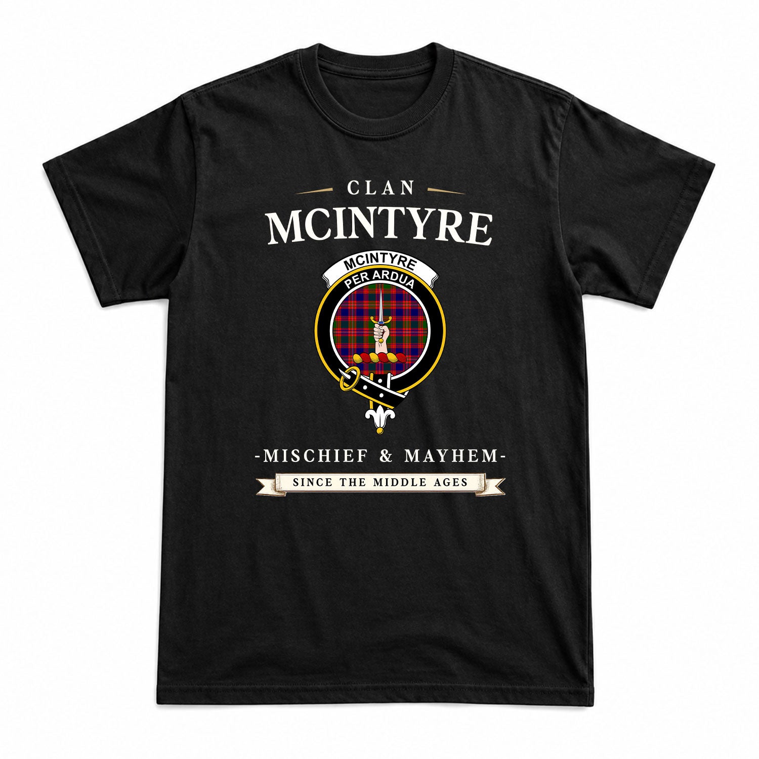 McIntyre Modern Tartan Crest Mischief and Mayhem T-shirt