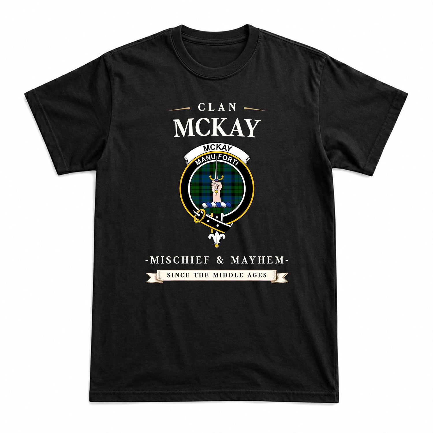 McKay Modern Tartan Crest Mischief and Mayhem T-shirt