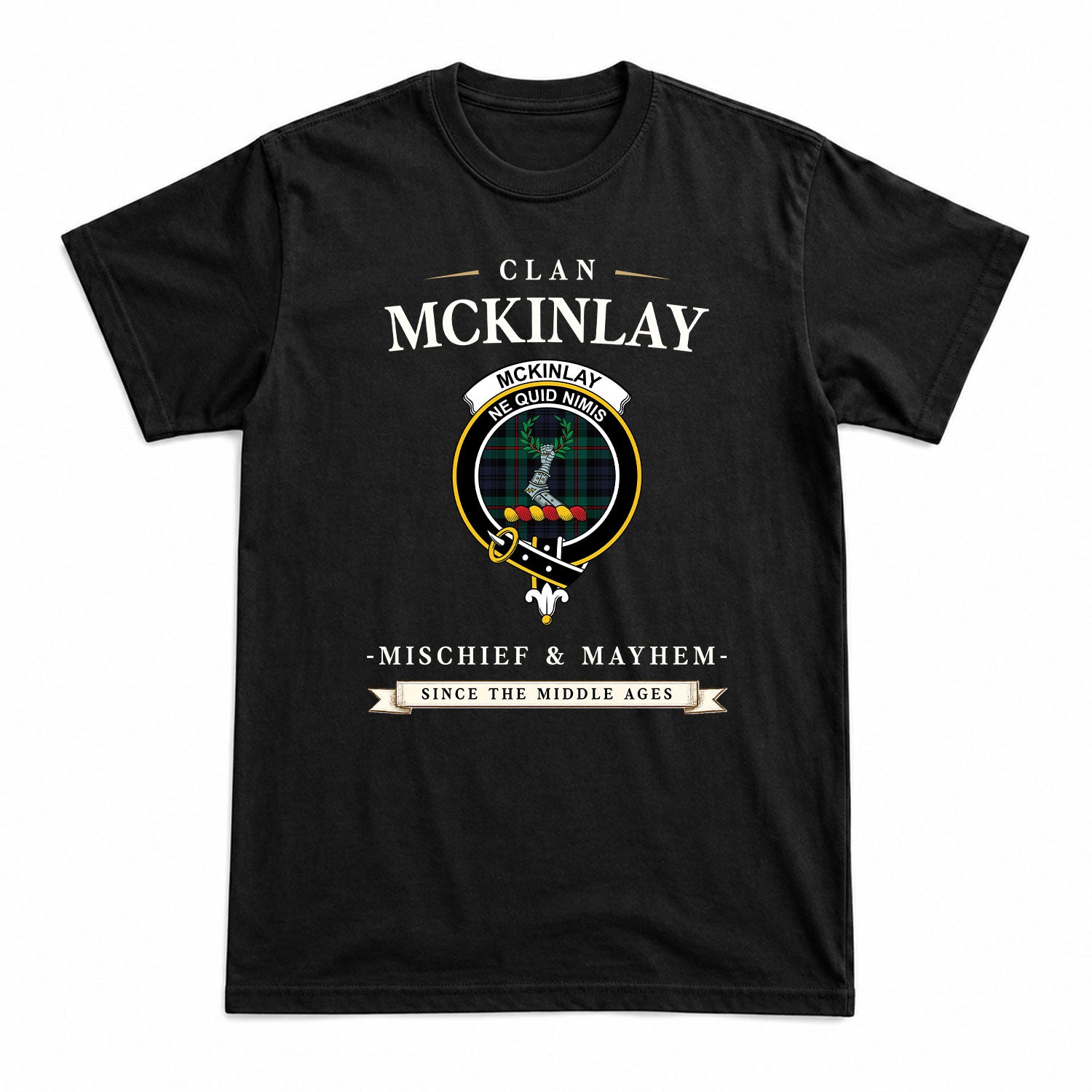 McKinlay Modern Tartan Crest Mischief and Mayhem T-shirt