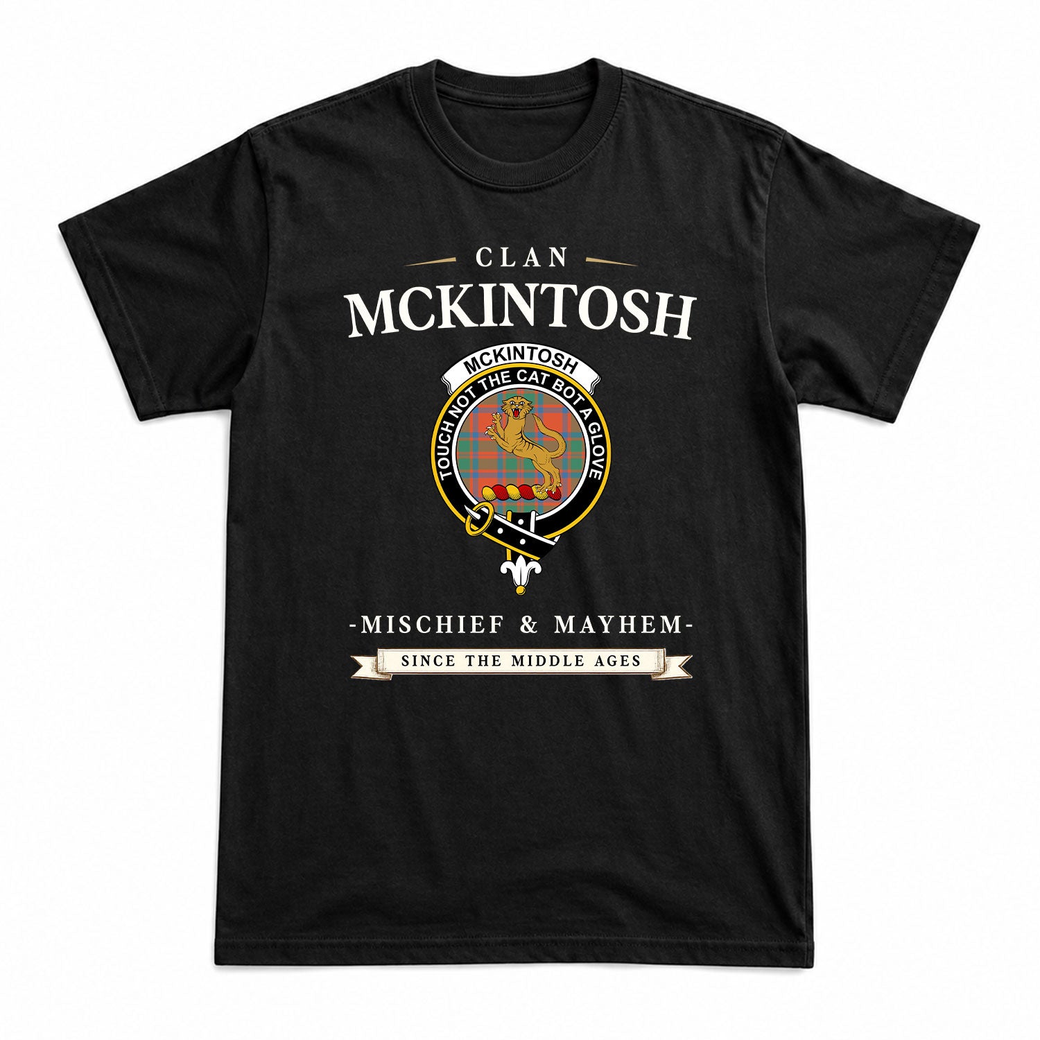 McKintosh Ancient Tartan Crest Mischief and Mayhem T-shirt