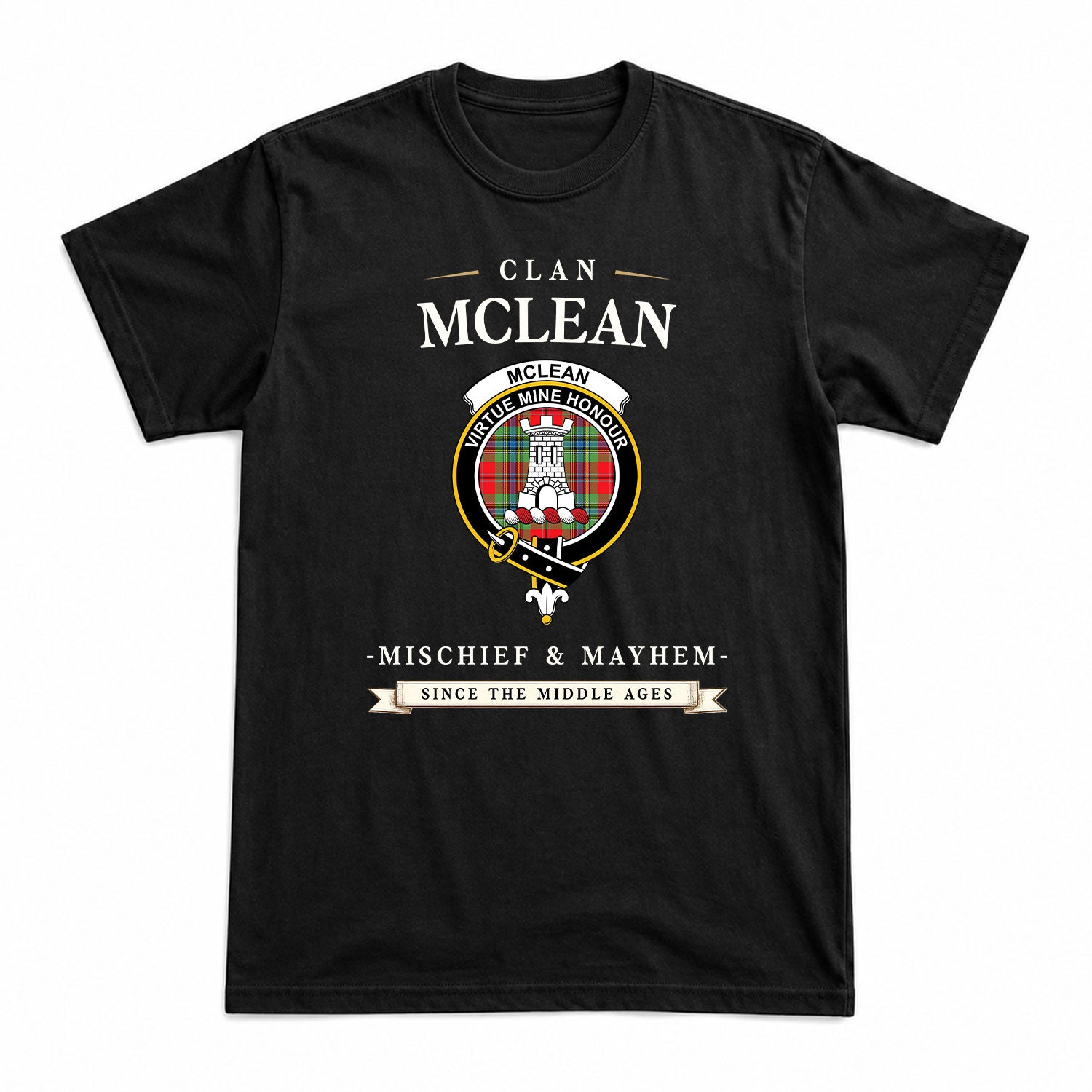 McLean of Duart Modern Tartan Crest Mischief and Mayhem T-shirt