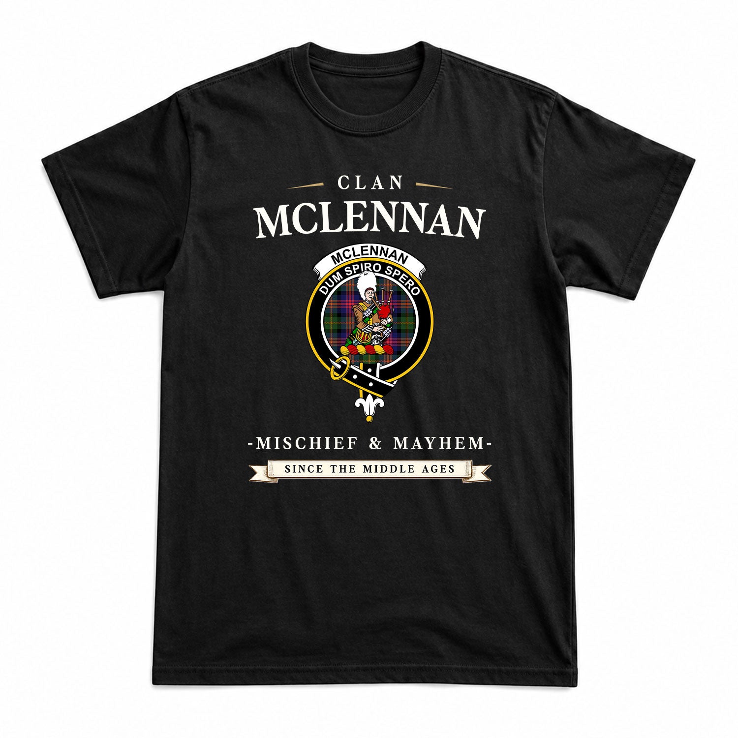 McLennan Modern Tartan Crest Mischief and Mayhem T-shirt