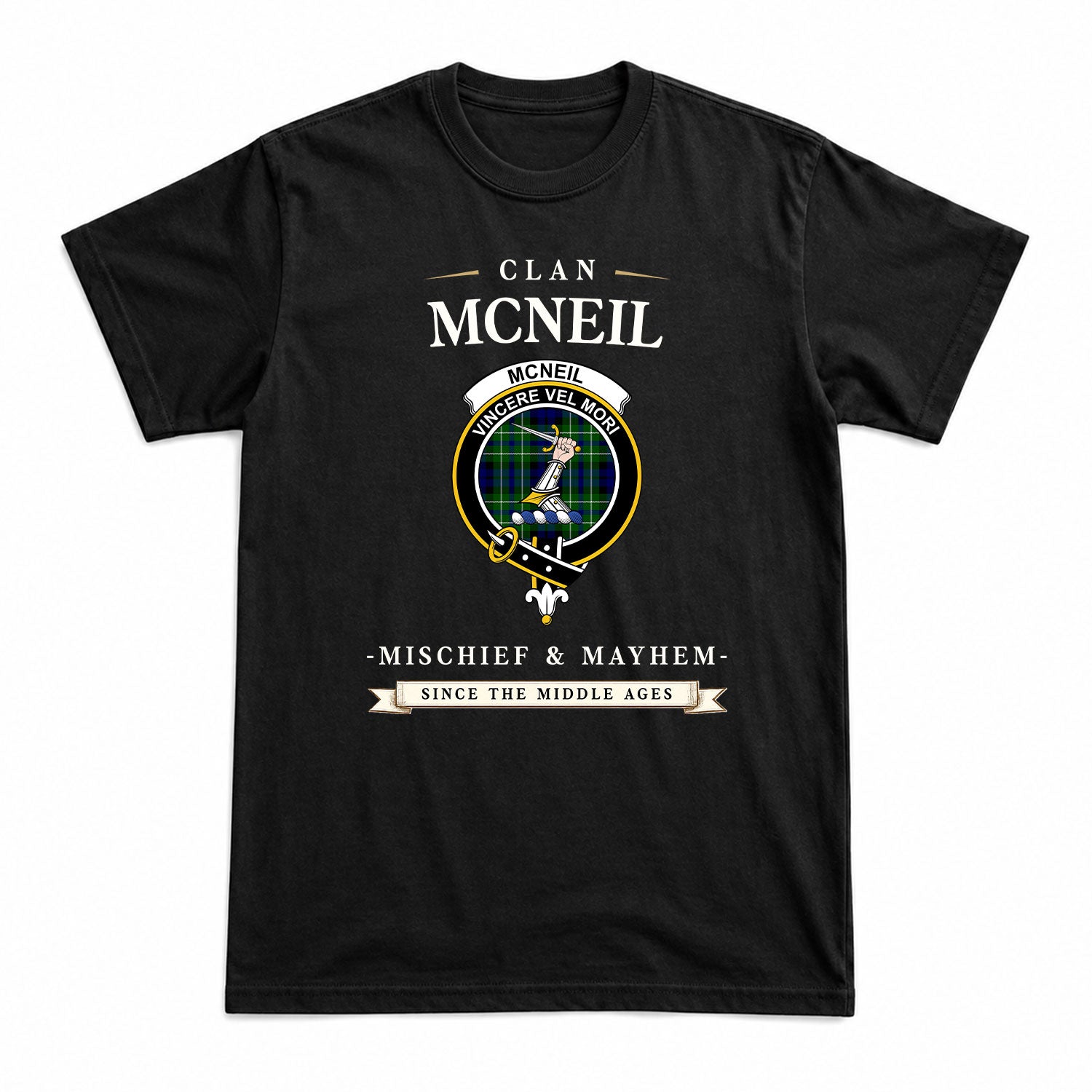 McNeil of Colonsay Modern Tartan Crest Mischief and Mayhem T-shirt