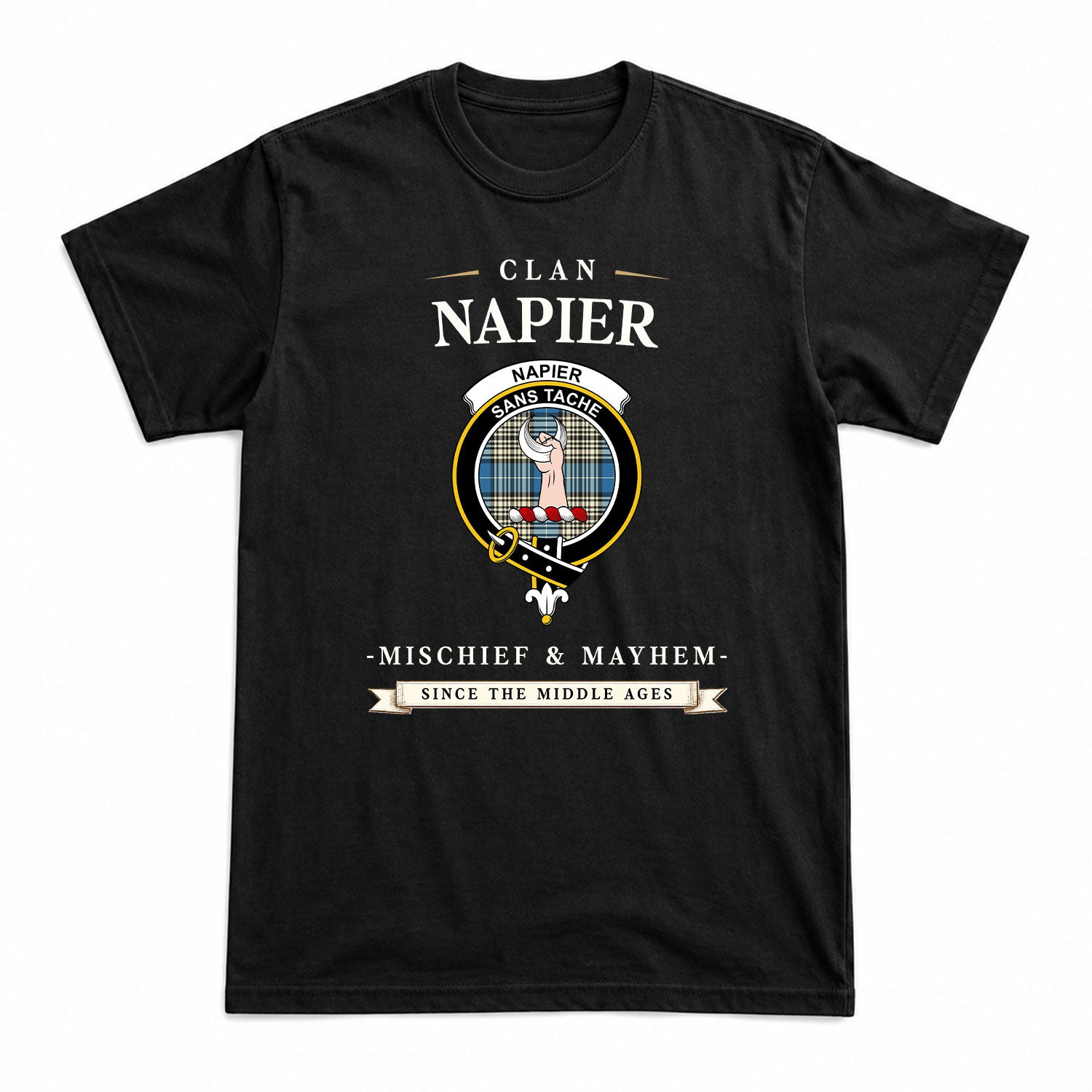 Napier Ancient Tartan Crest Mischief and Mayhem T-shirt