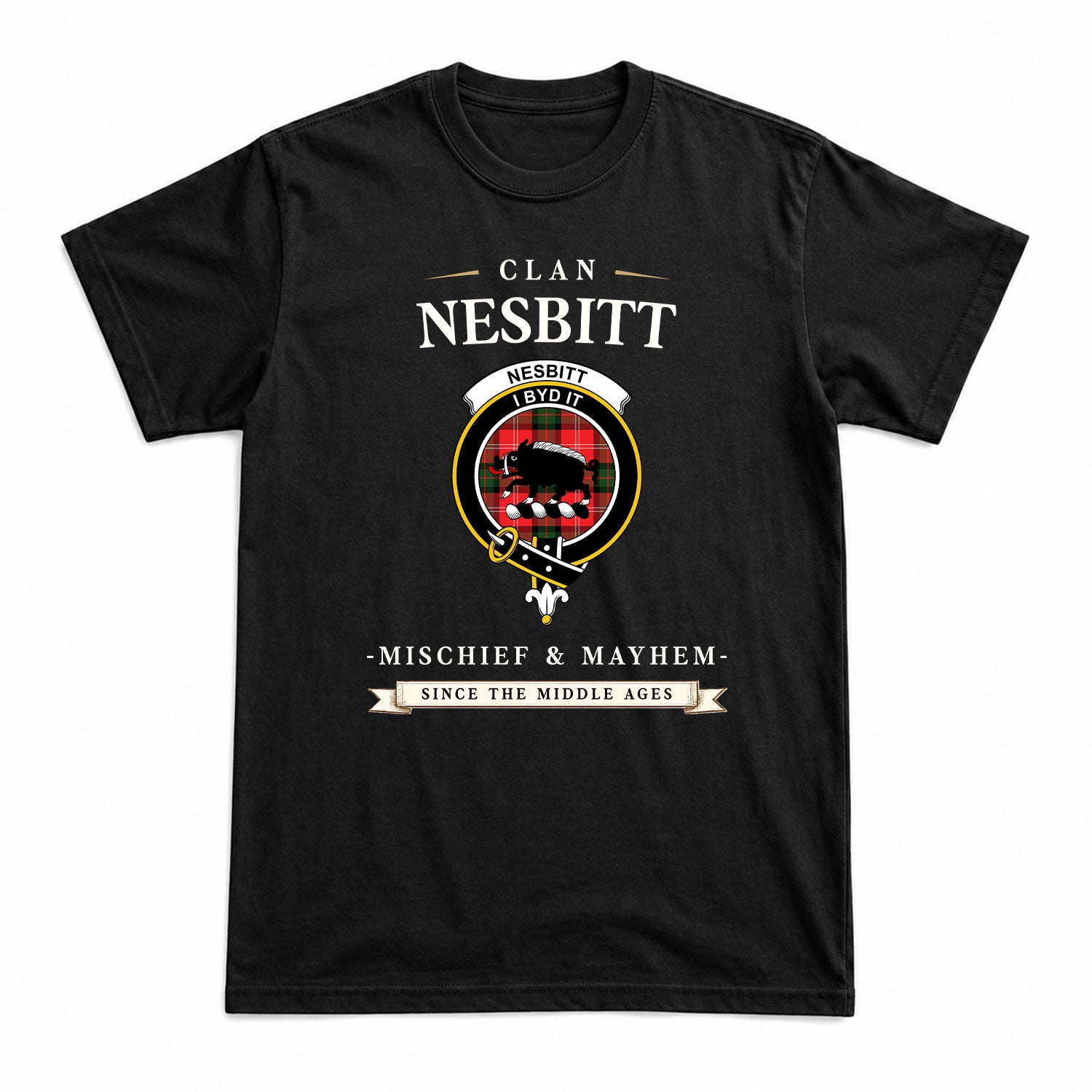 Nesbitt Modern Tartan Crest Mischief and Mayhem T-shirt