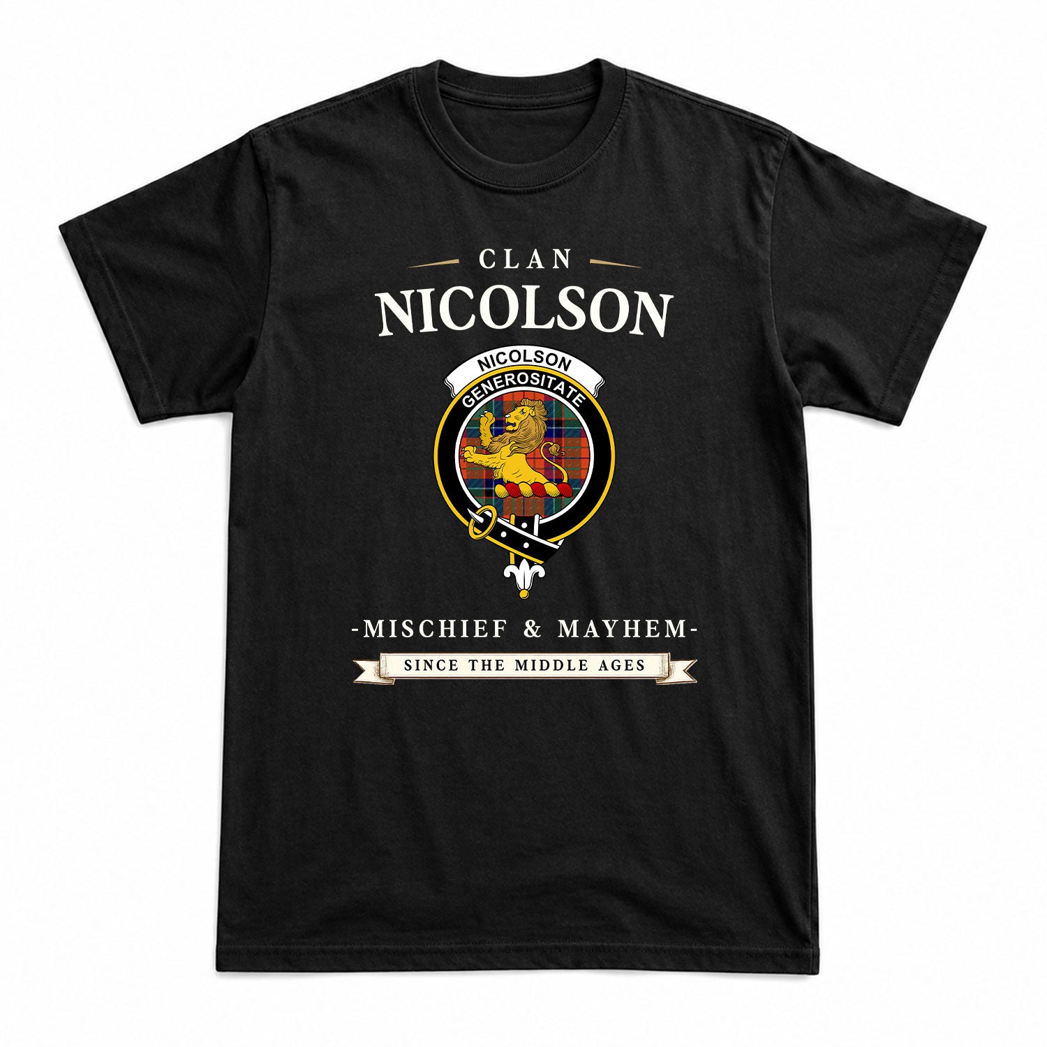 Nicolson Ancient Old Tartan Crest Mischief and Mayhem T-shirt