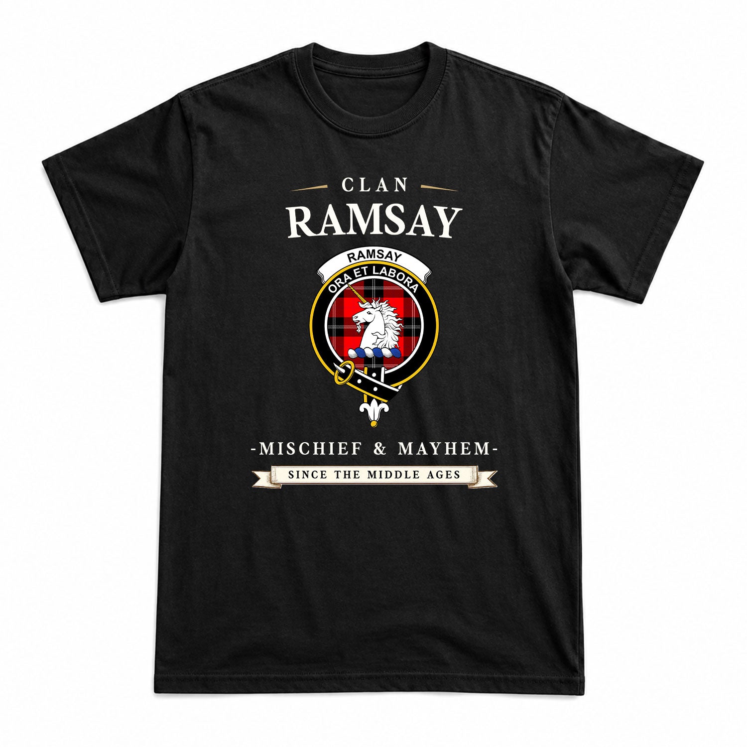 Ramsay Modern Tartan Crest Mischief and Mayhem T-shirt