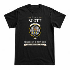 Scott Black & White Modern Tartan Crest Mischief and Mayhem T-shirt