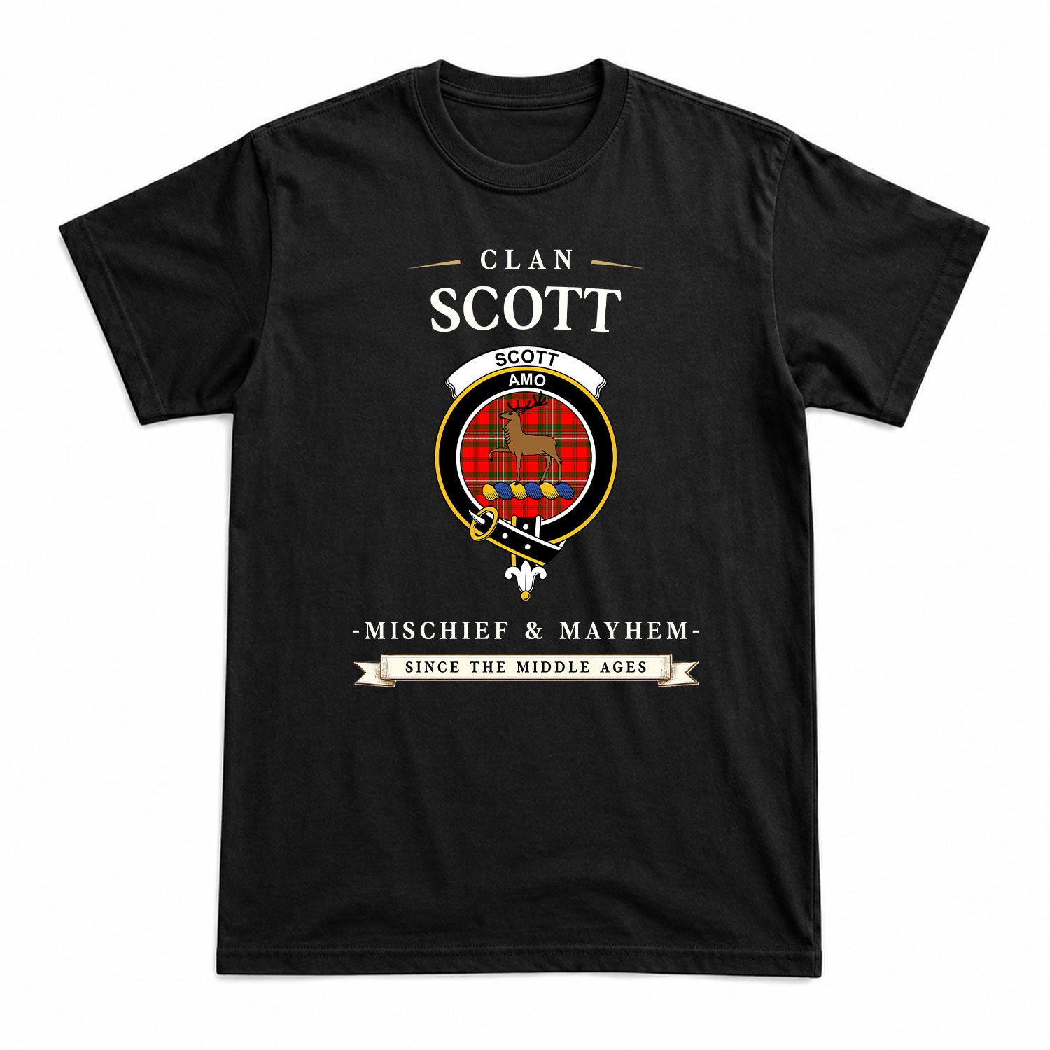 Scott Modern Tartan Crest Mischief and Mayhem T-shirt