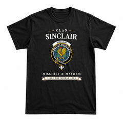 Sinclair Hunting Ancient Tartan Crest Mischief and Mayhem T-shirt