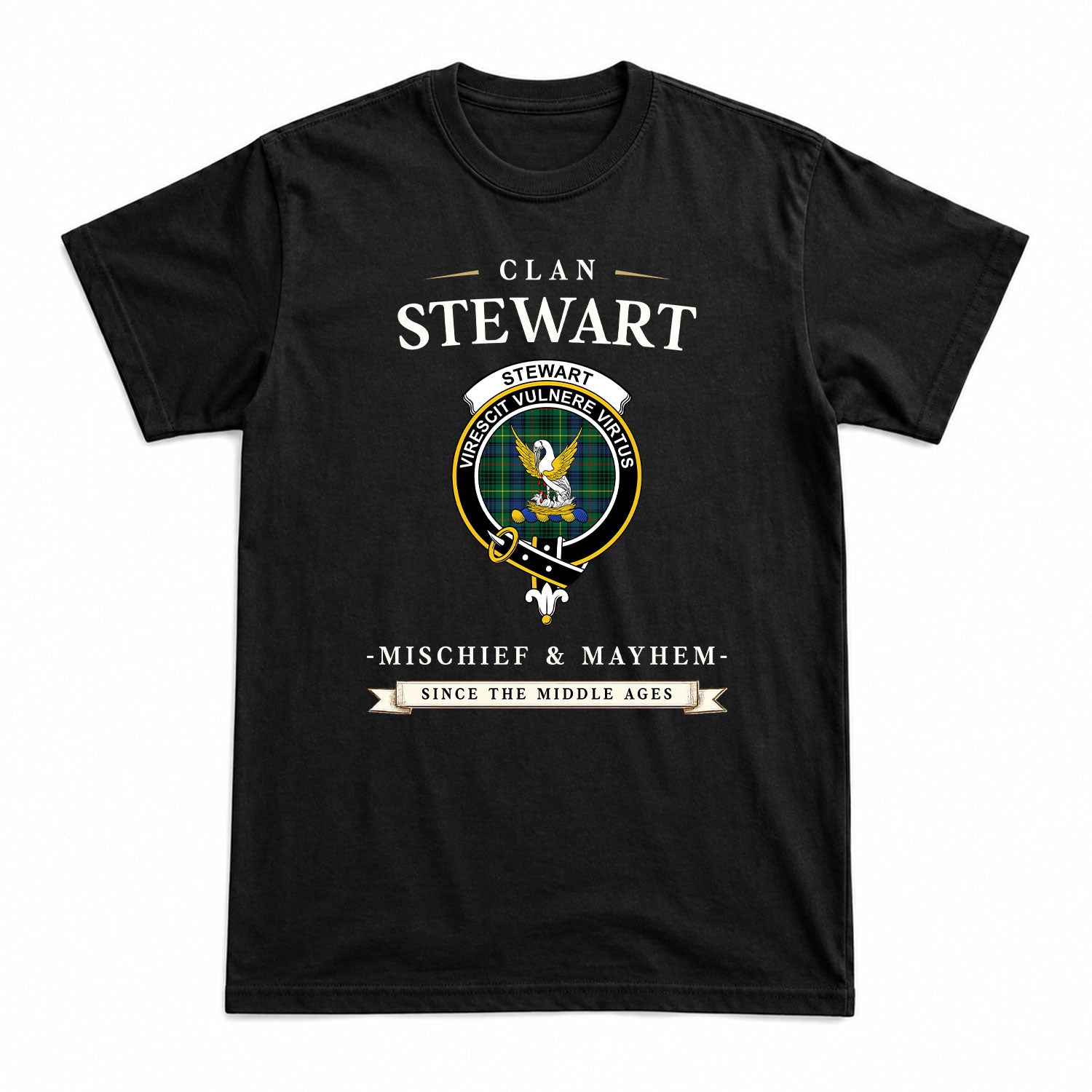 Stewart Hunting Modern Tartan Crest Mischief and Mayhem T-shirt