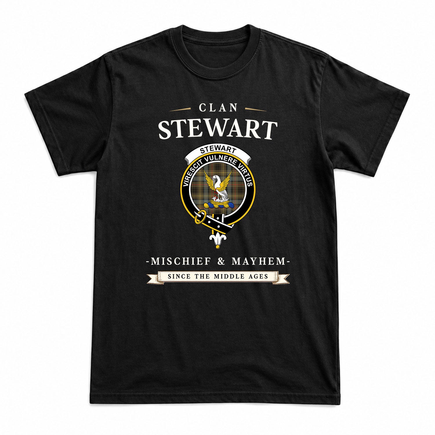Stewart Hunting Weathered Tartan Crest Mischief and Mayhem T-shirt