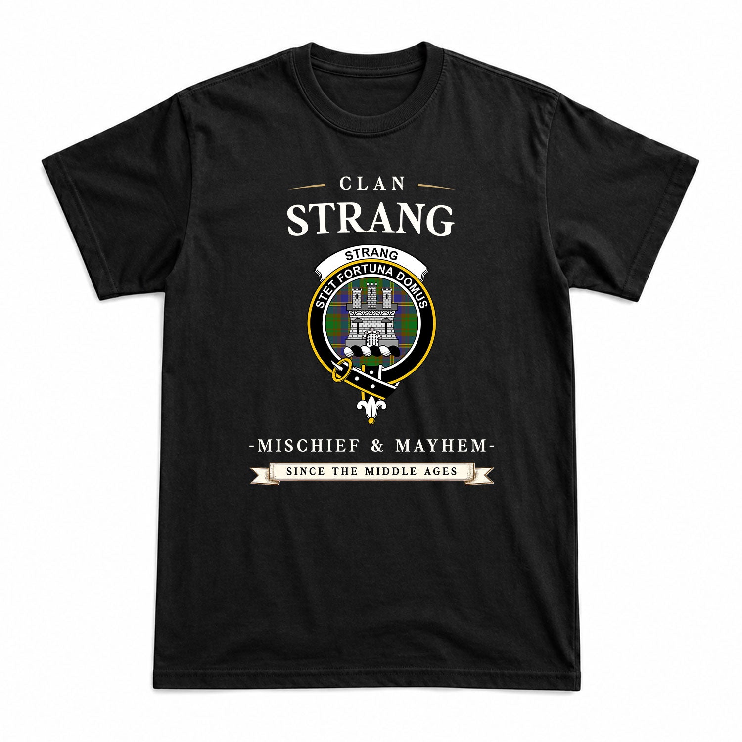 Strang (or Strange) Tartan Crest Mischief and Mayhem T-shirt