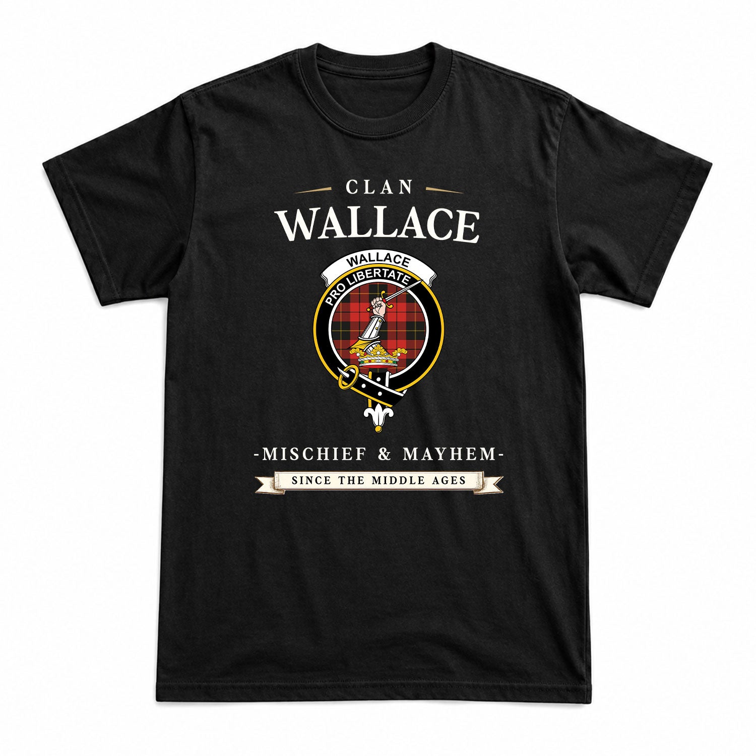Wallace Weathered Tartan Crest Mischief and Mayhem T-shirt