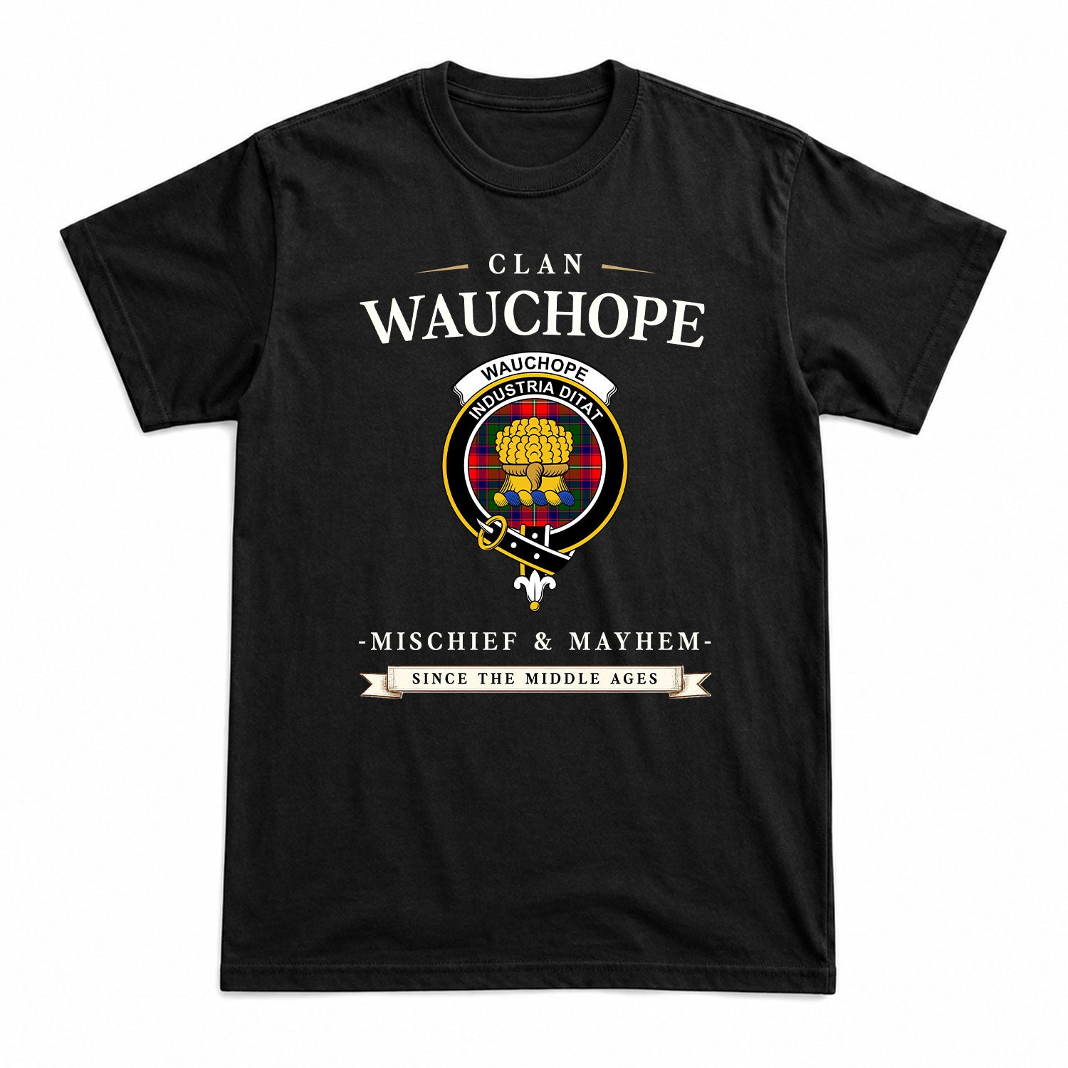 Wauchope (or Waugh) Tartan Crest Mischief and Mayhem T-shirt