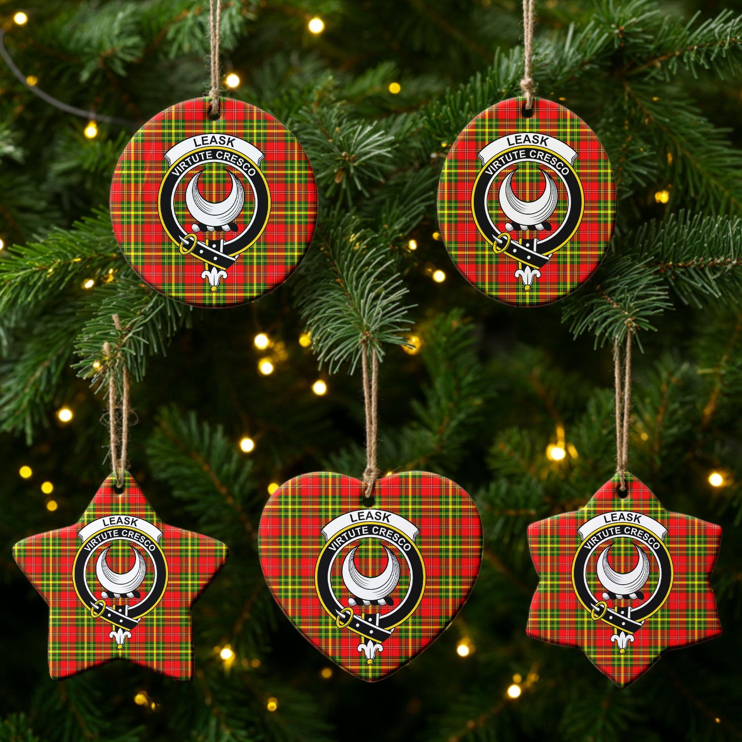 Leask Tartan Crest Christmas Ceramic Ornament