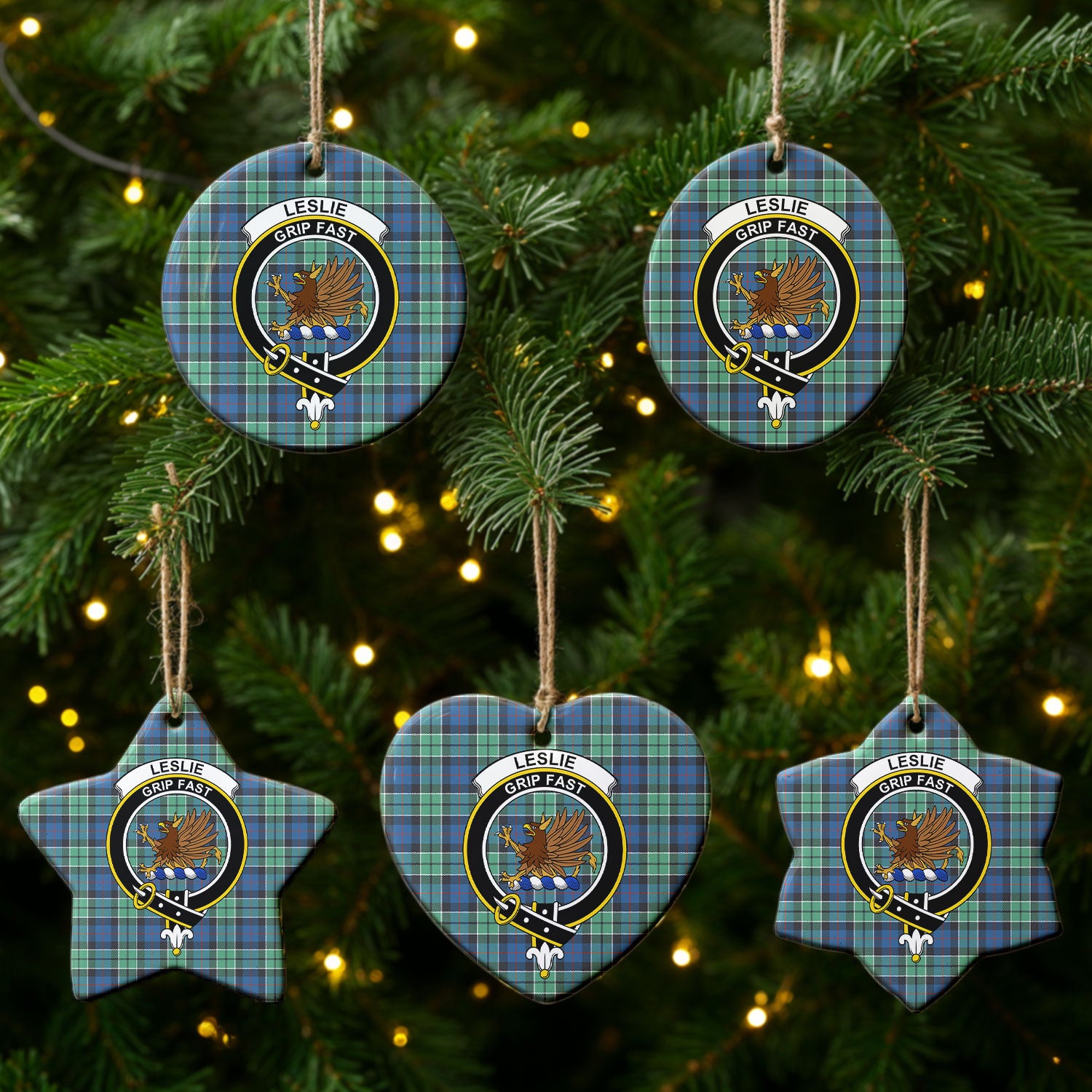 Leslie Hunting Ancient Tartan Crest Christmas Ceramic Ornament