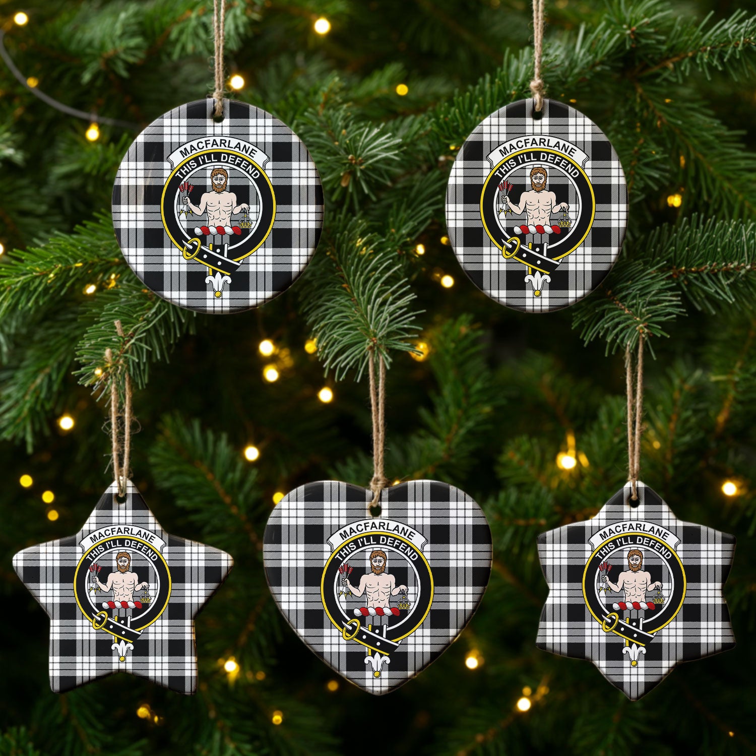 MacFarlane Black - White Tartan Crest Christmas Ceramic Ornament