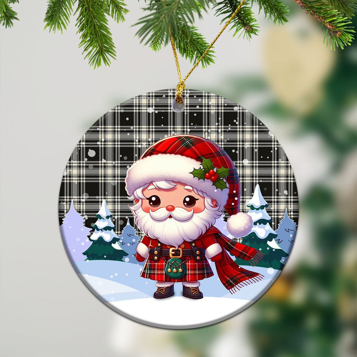 Menzies Black - White Ancient Tartan Christmas Ceramic Ornament - Santa Claus In Kilt Style