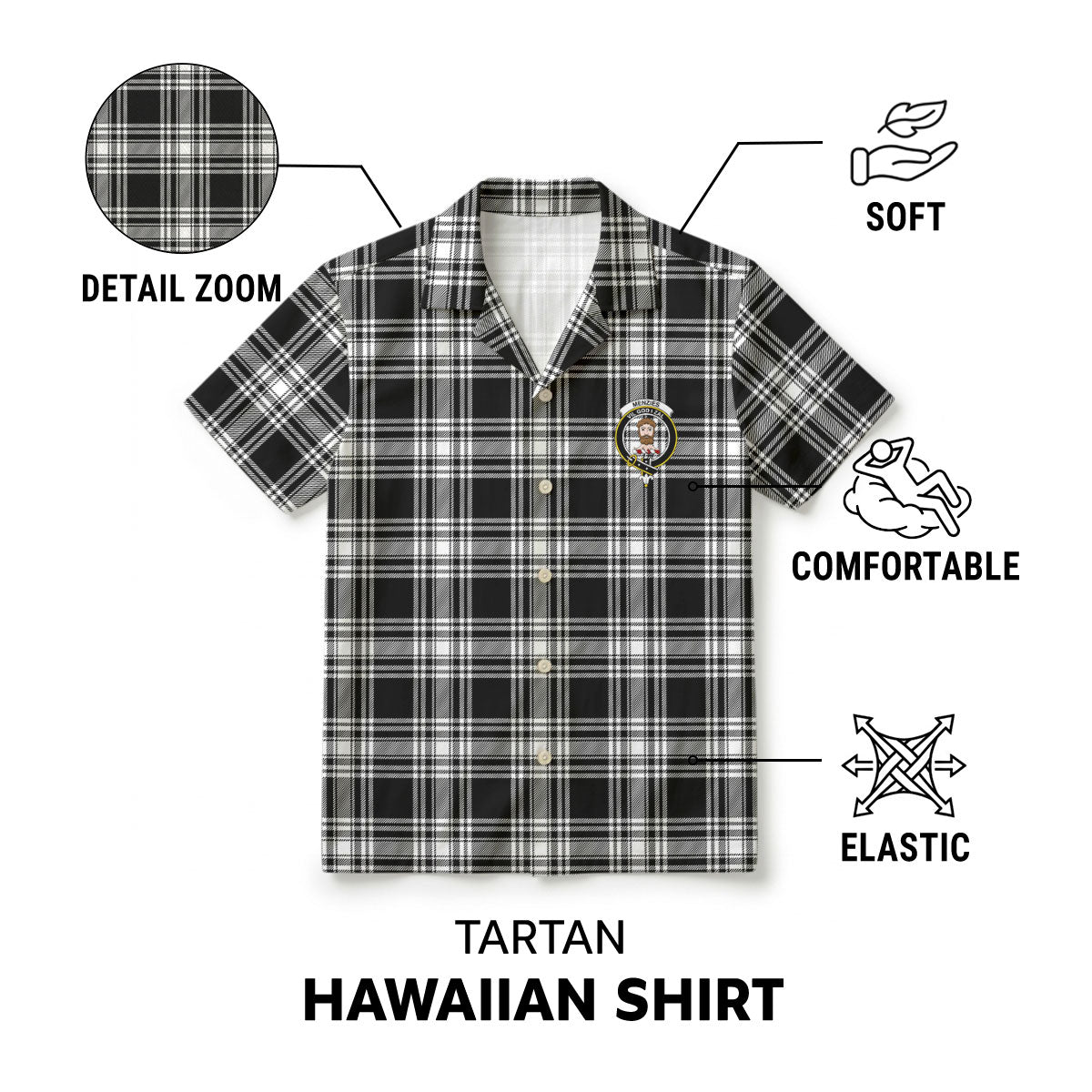 Menzies Black - White Modern Tartan Crest Hawaiian Shirt