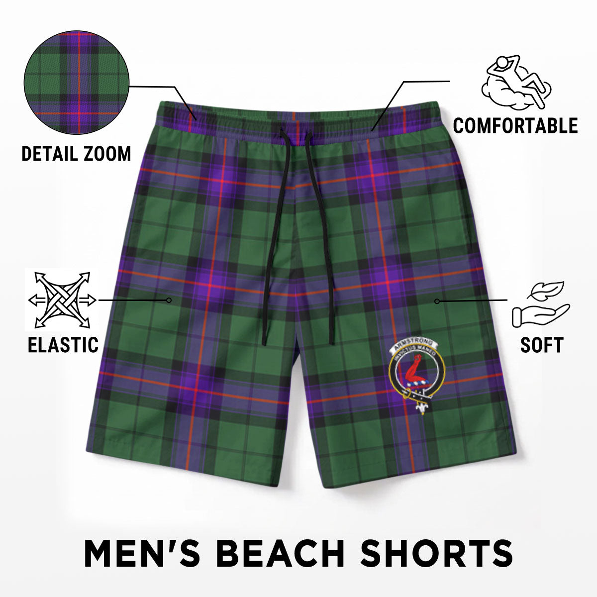 Armstrong Modern Tartan Crest Men's Beach Shorts