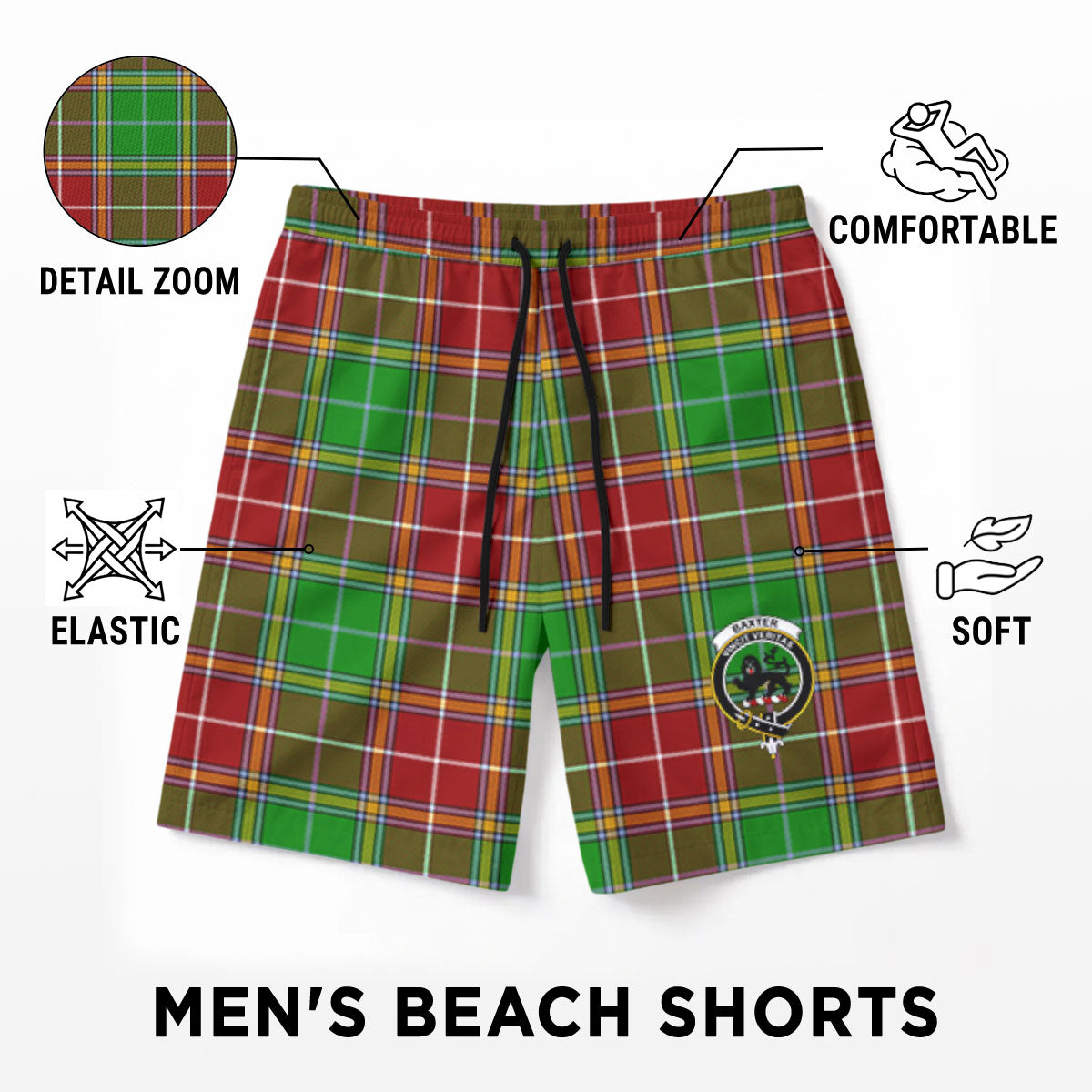 Baxter Modern Tartan Crest Men's Beach Shorts