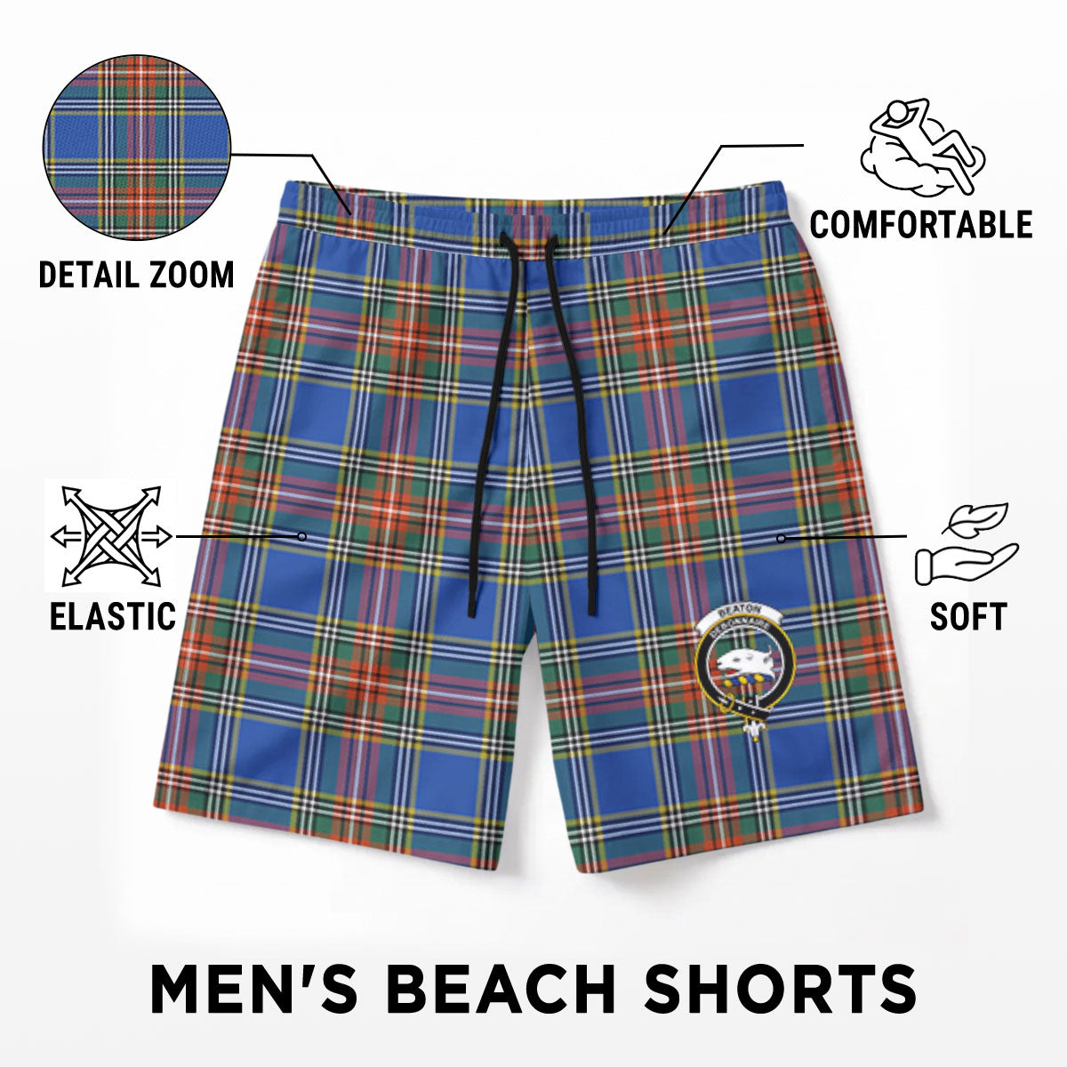 Beaton Ancient Tartan Crest Men's Beach Shorts
