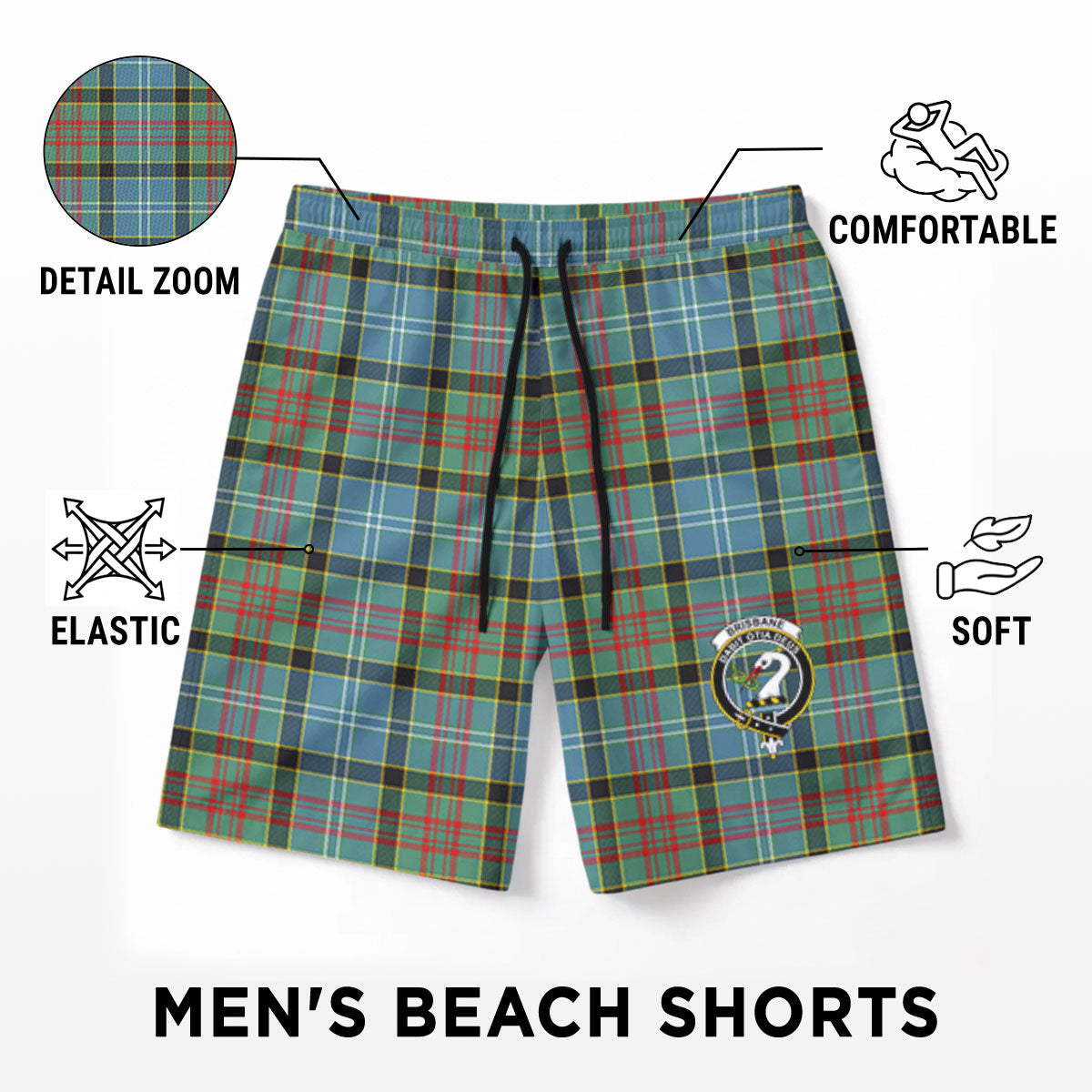 Brisbane Tartan Crest Men's Beach Shorts