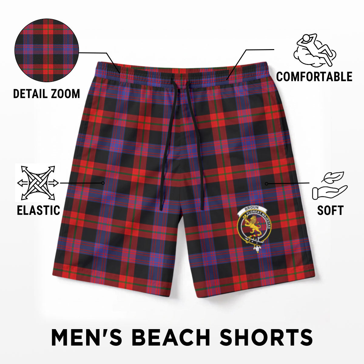 Broun Modern Tartan Crest Men's Beach Shorts